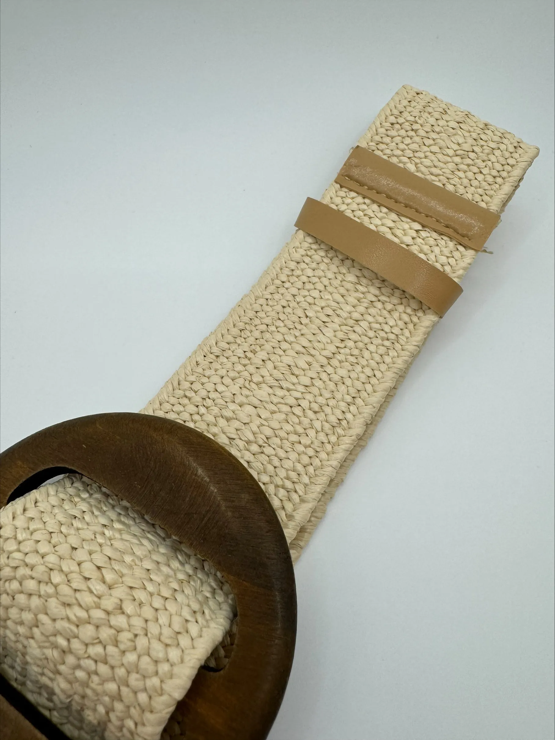 Faux Rattan Weave Stretch Beige Belt