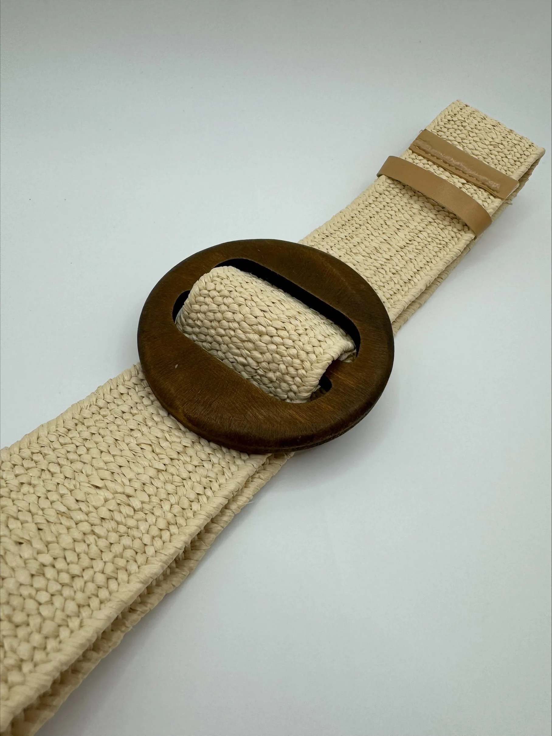 Faux Rattan Weave Stretch Beige Belt