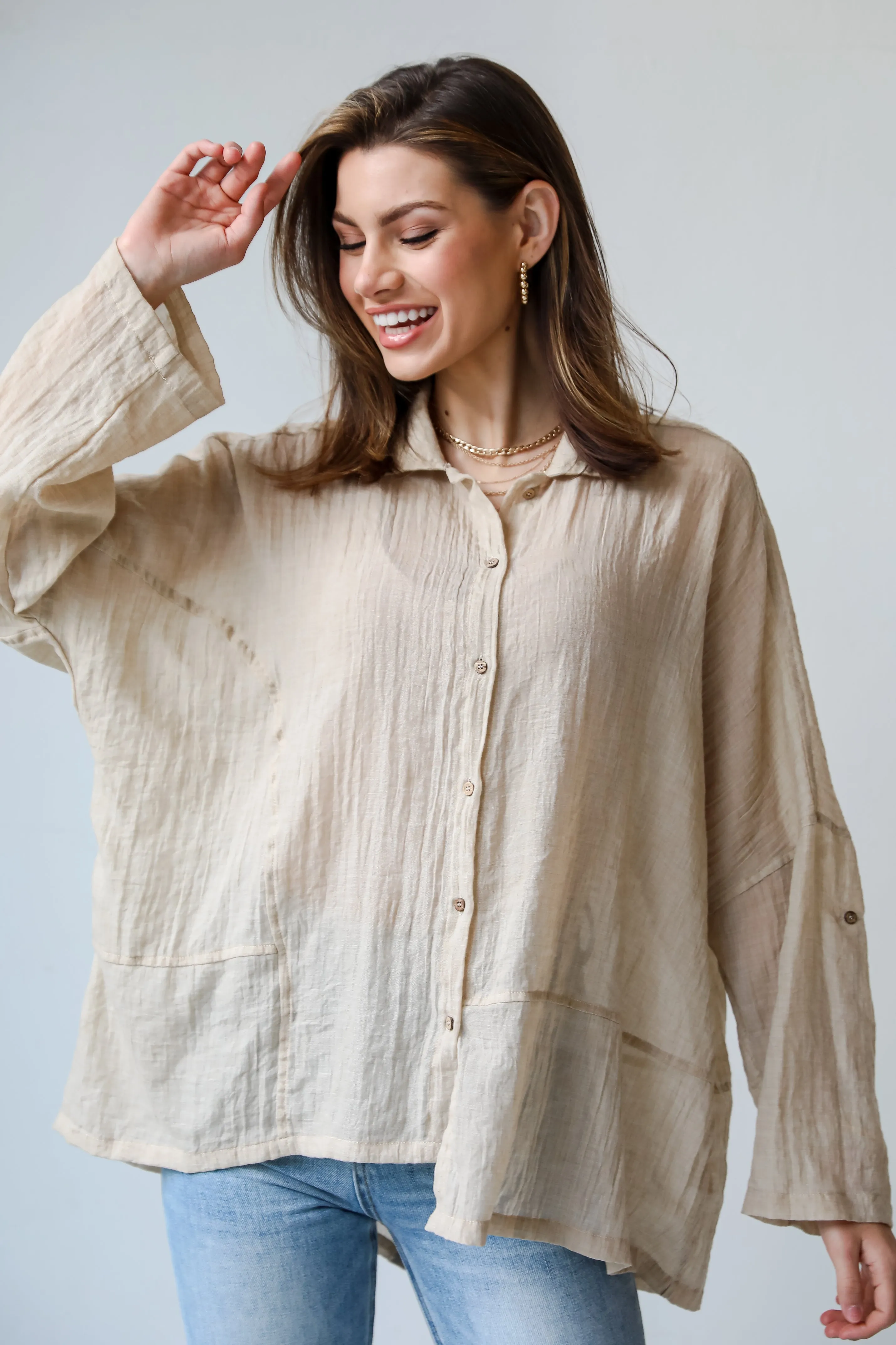 FINAL SALE - Beautiful Breezes Beige Oversized Button-Up Blouse