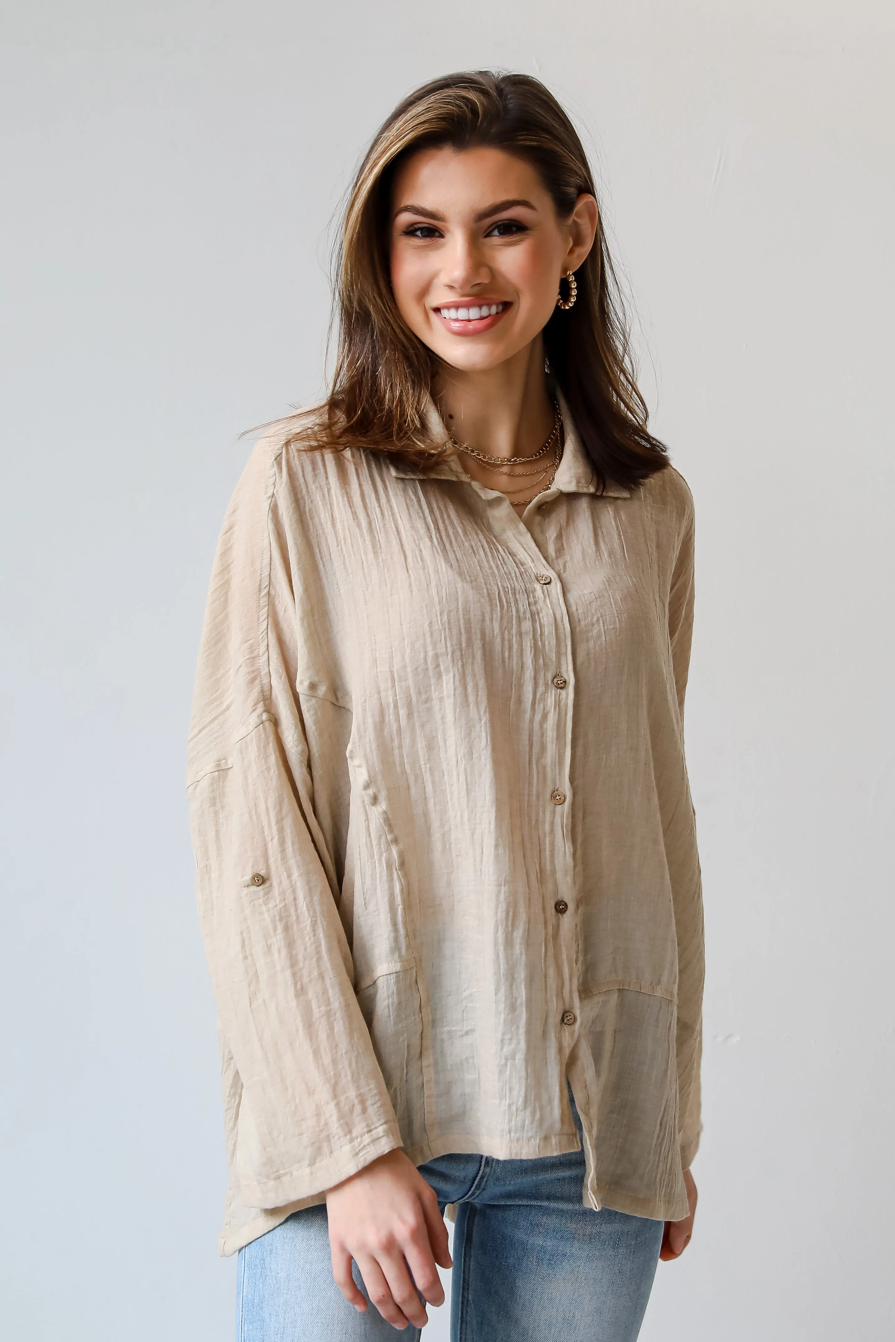 FINAL SALE - Beautiful Breezes Beige Oversized Button-Up Blouse