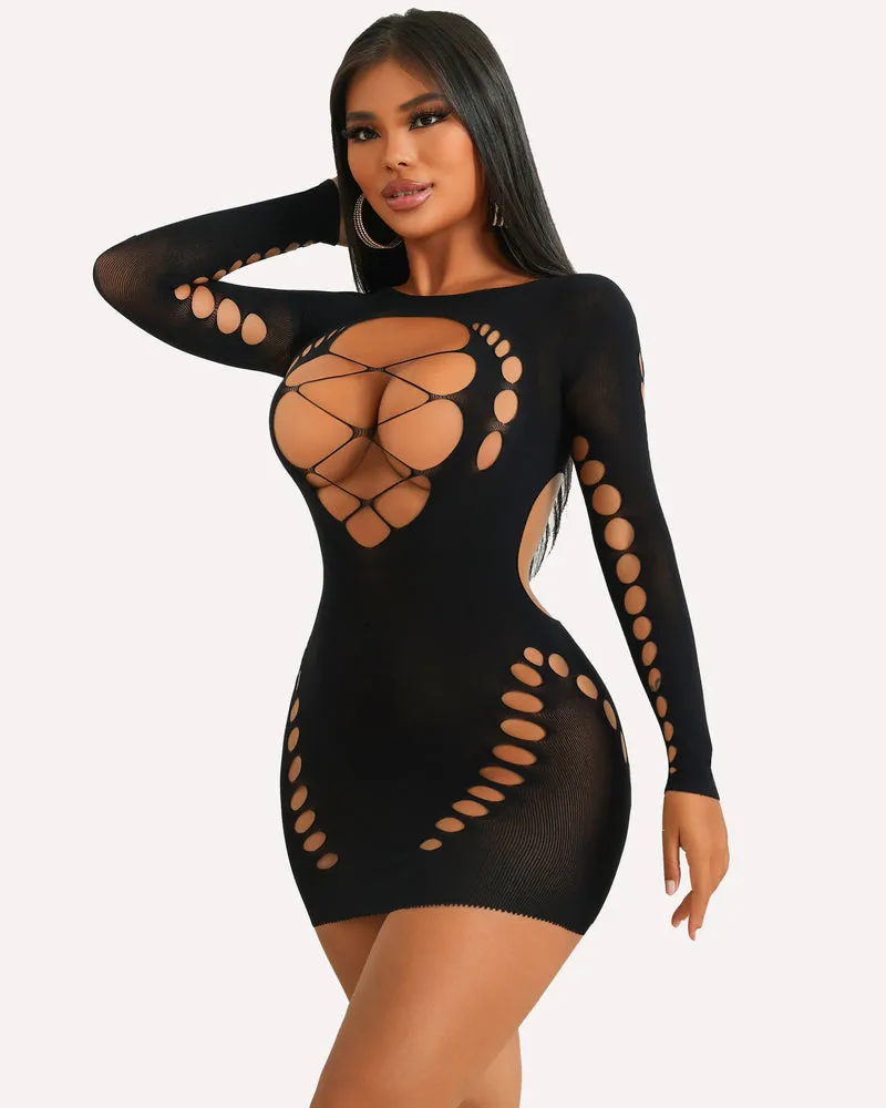 Fishnet Lingerie Long Sleeve Mesh Dress