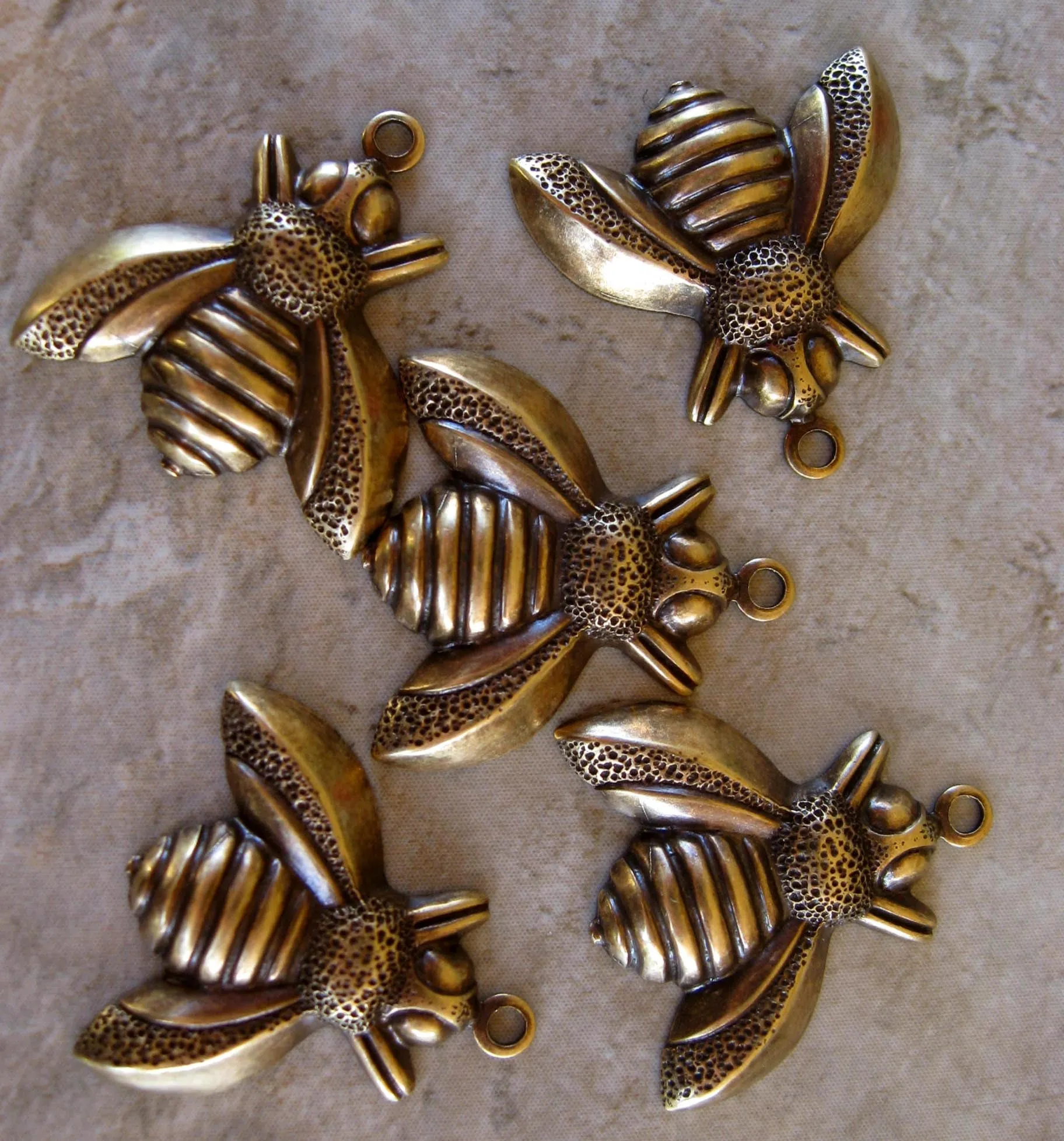 Five Bumble Bee Charms Brass Stampings for Craft Ideas