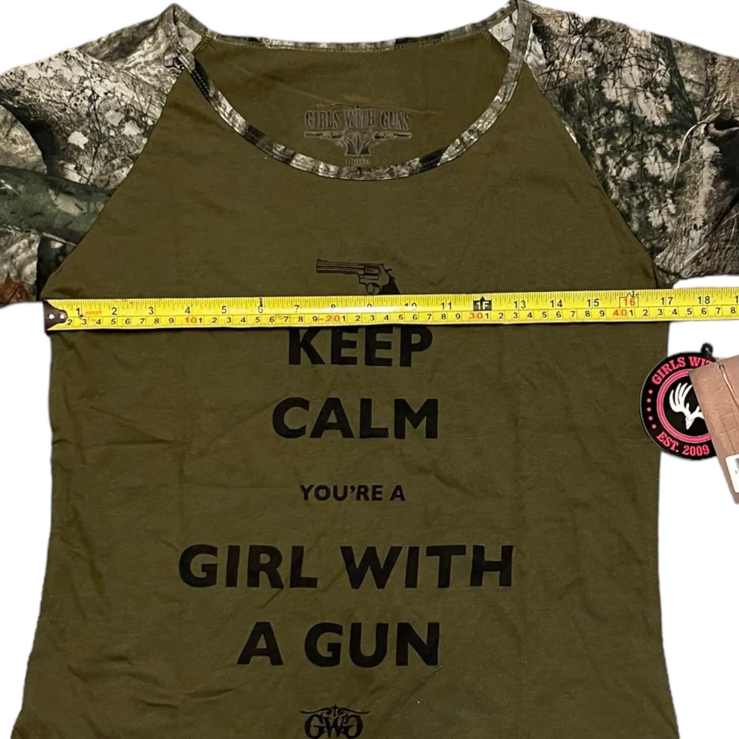 Girls With Guns Keep Calm Green Camouflage Cotton Blend Shirt X-Large