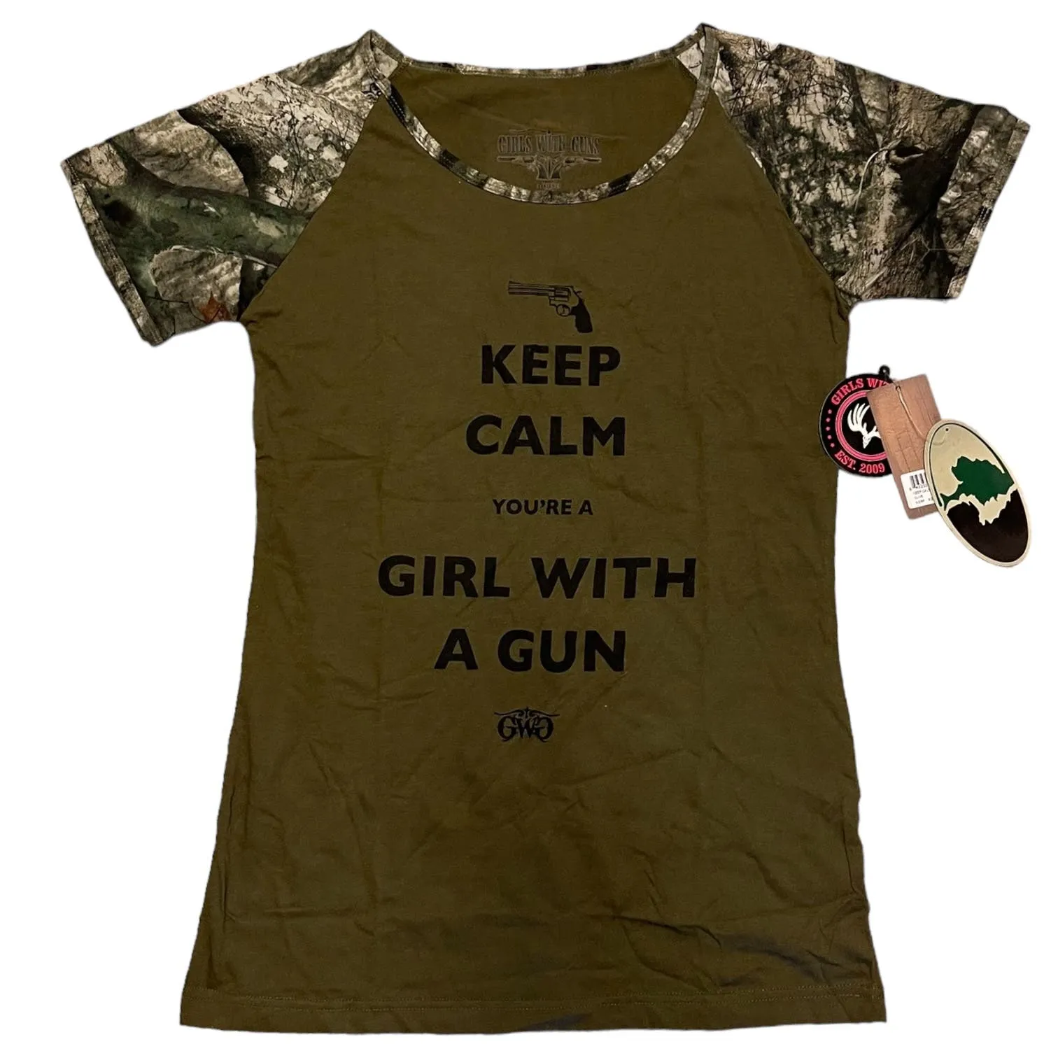 Girls With Guns Keep Calm Green Camouflage Cotton Blend Shirt X-Large