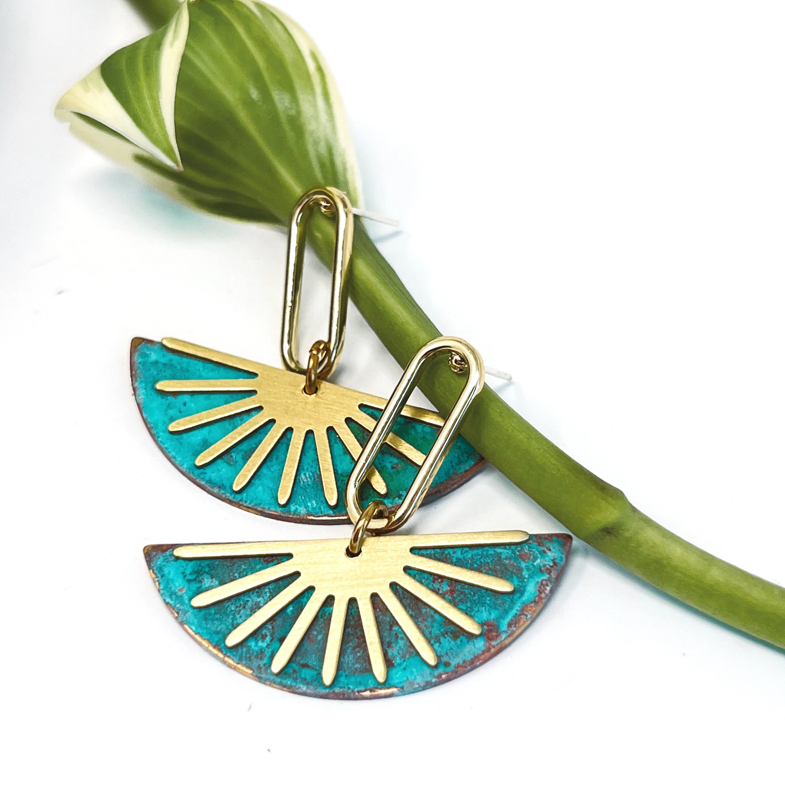 Golden Sunset Post Earring With Teal Patina