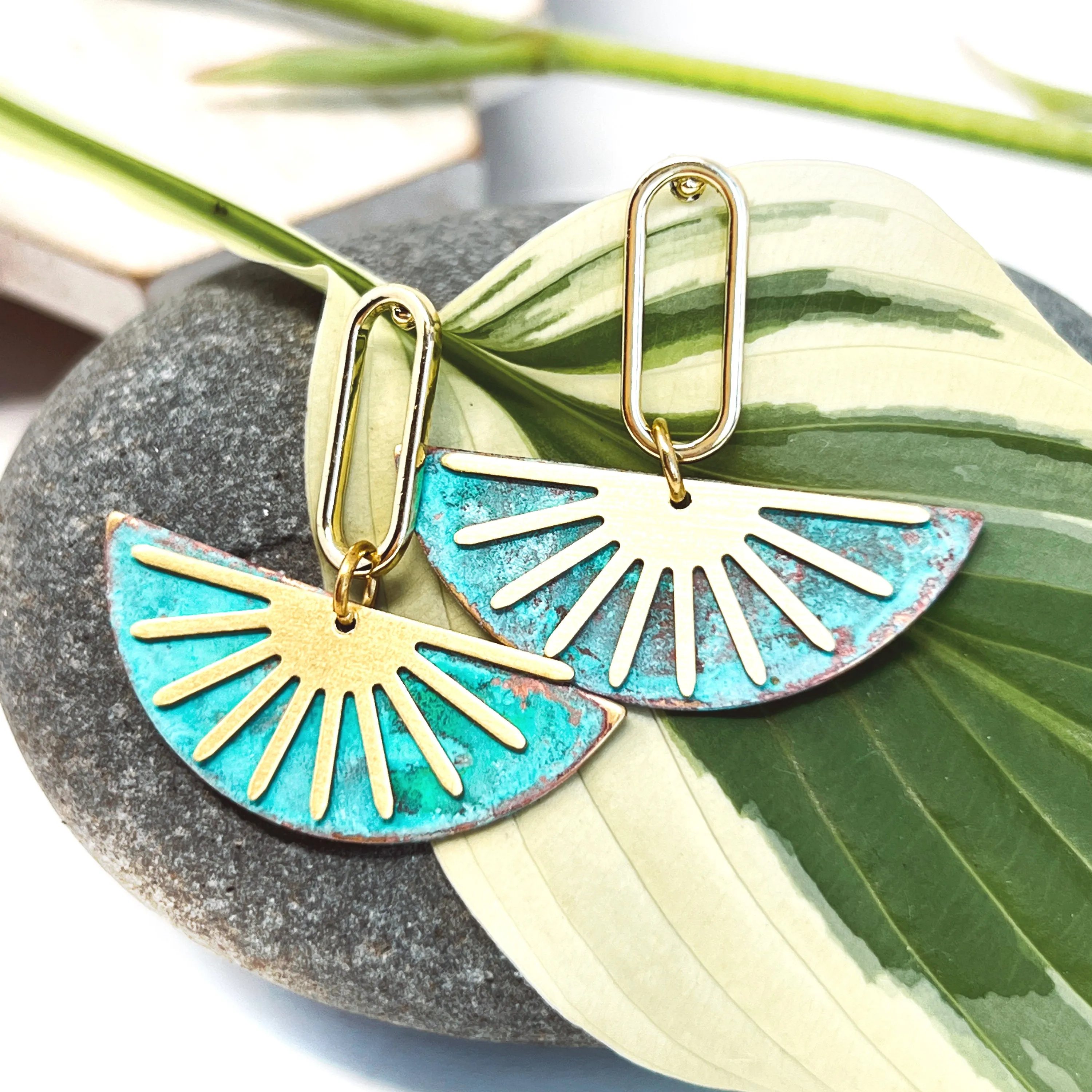 Golden Sunset Post Earring With Teal Patina