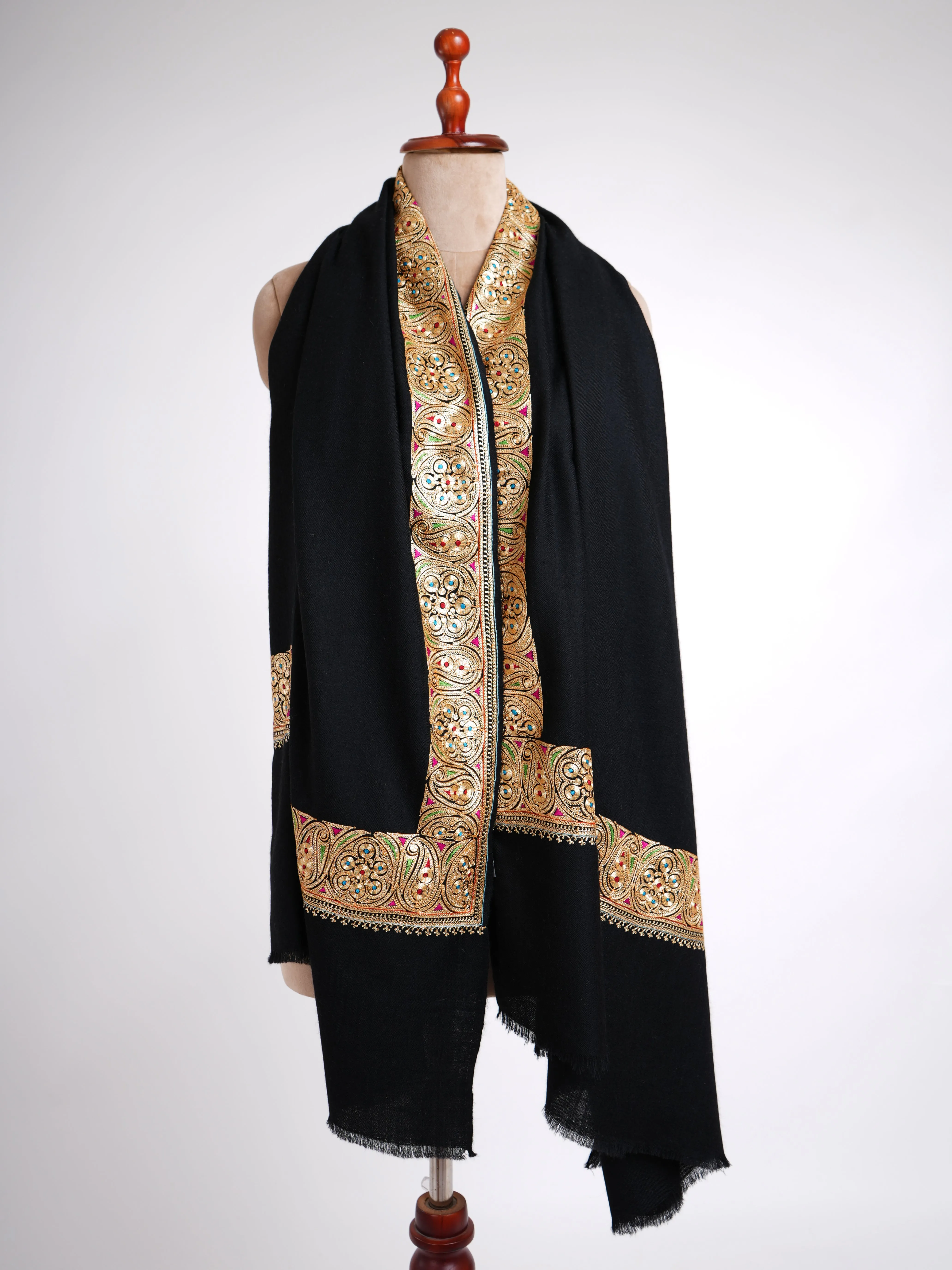 Golden Tilla Embroidered Artistic Black Pashmina Shawl