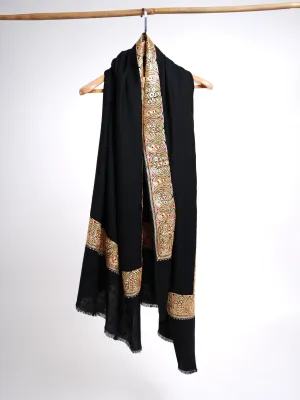 Golden Tilla Embroidered Artistic Black Pashmina Shawl