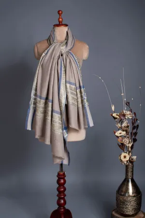 Gray Pashmina Shawl embellished with artistic Water Gold Tilla Embroidery.