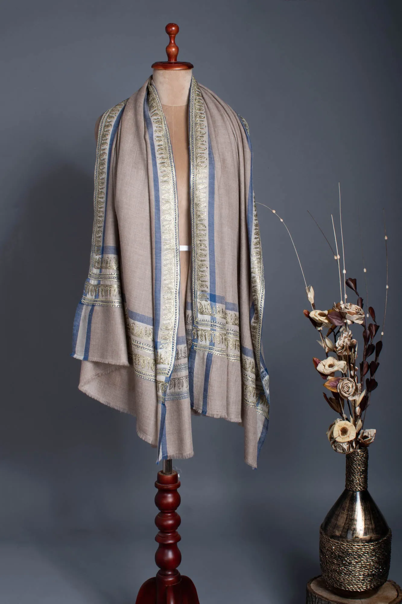 Gray Pashmina Shawl embellished with artistic Water Gold Tilla Embroidery.