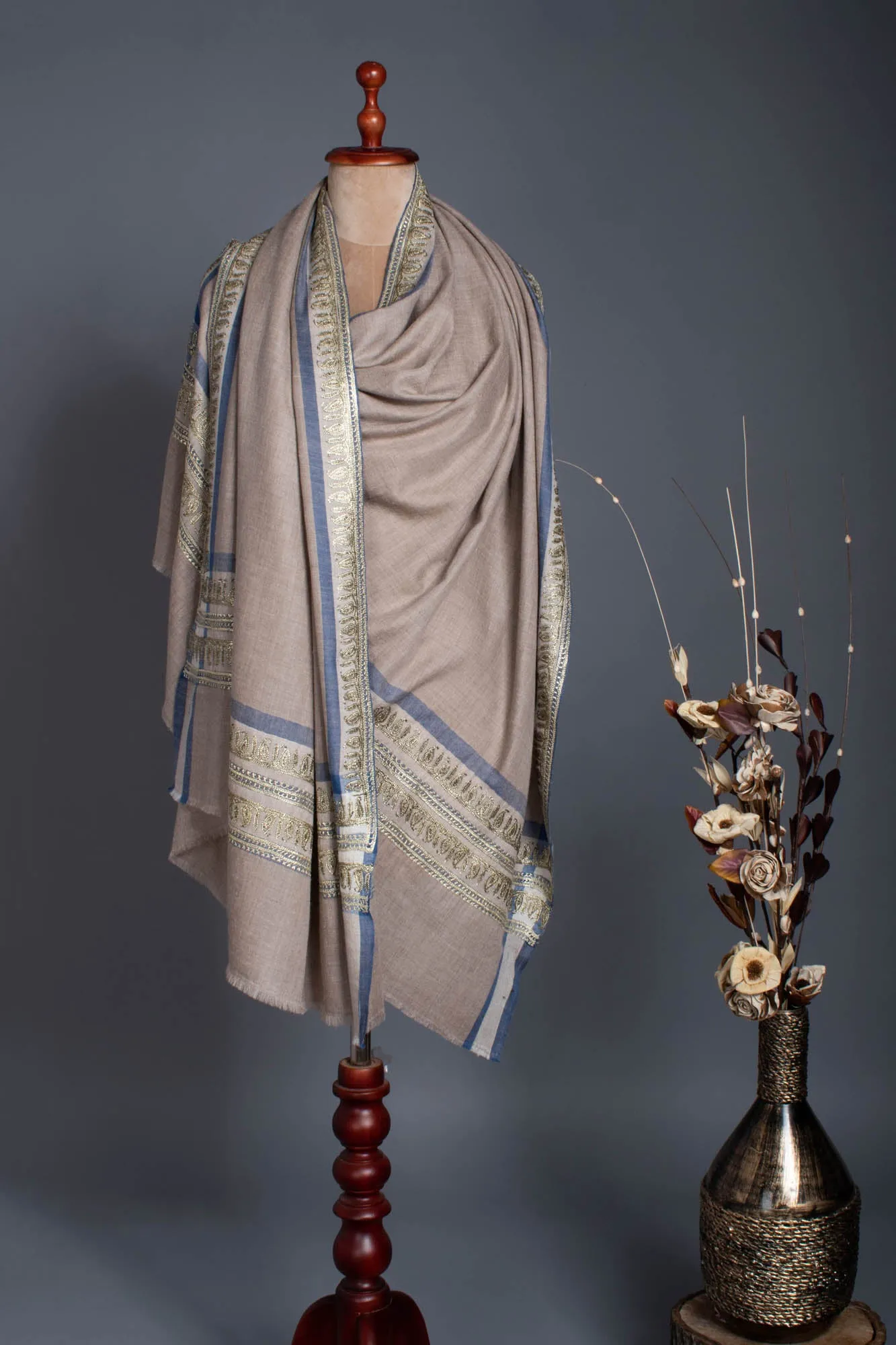 Gray Pashmina Shawl embellished with artistic Water Gold Tilla Embroidery.