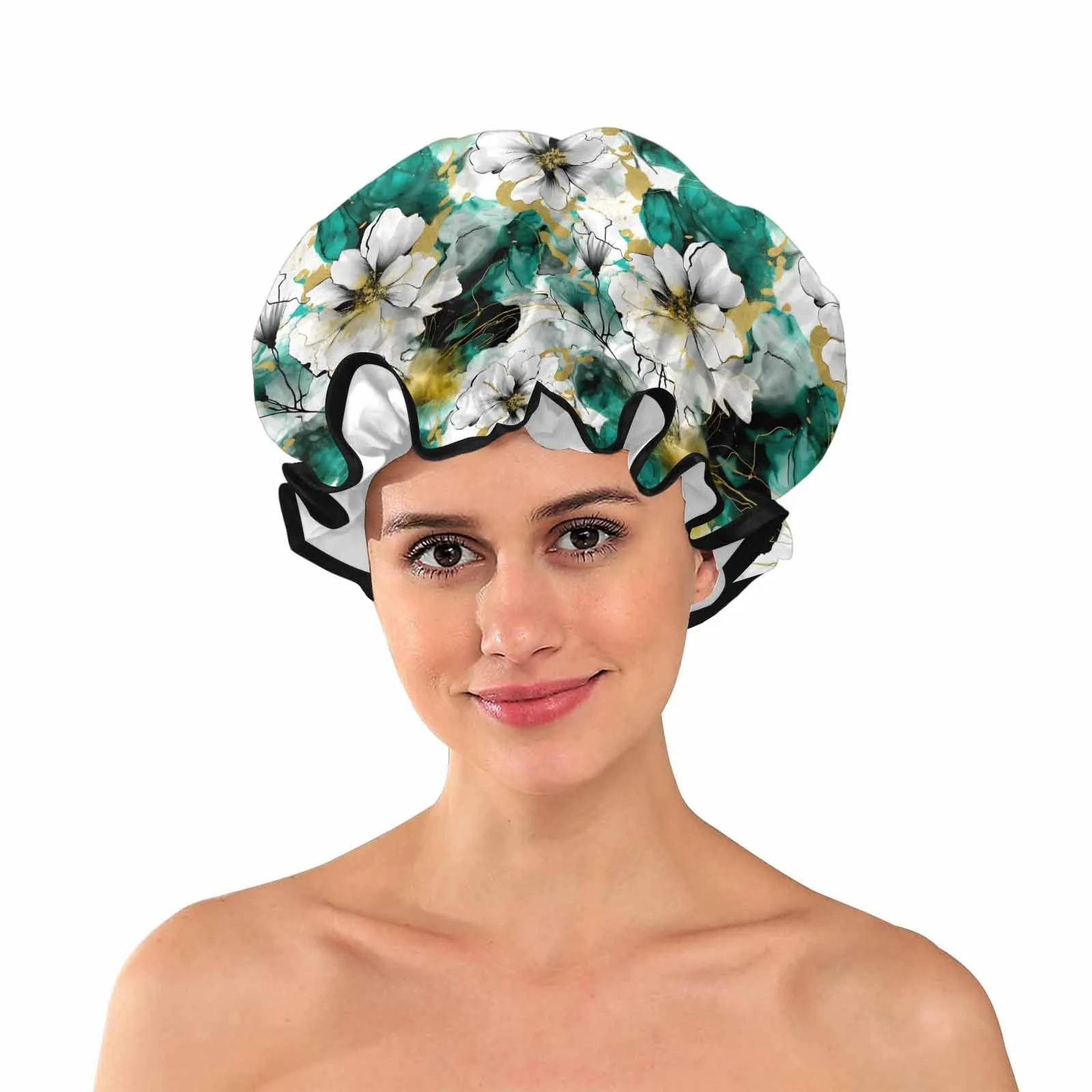 Green and White Ink Floral  Shower Cap