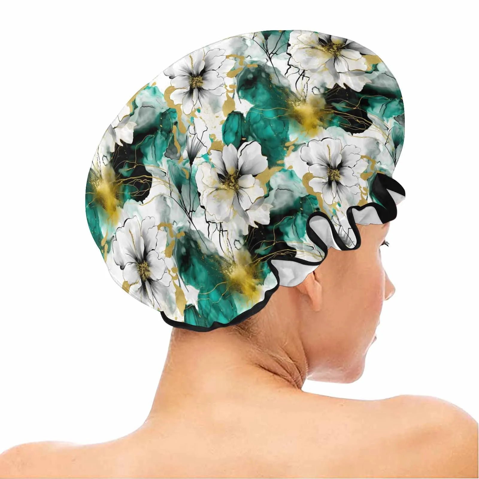 Green and White Ink Floral  Shower Cap