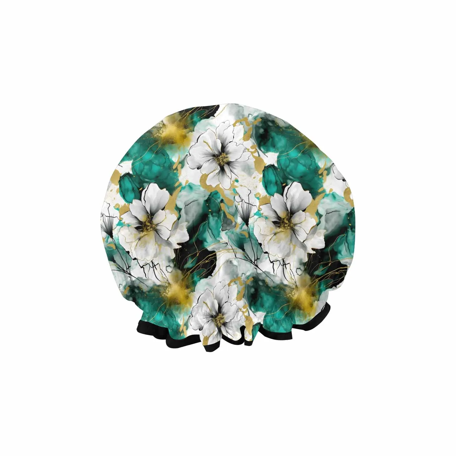 Green and White Ink Floral  Shower Cap