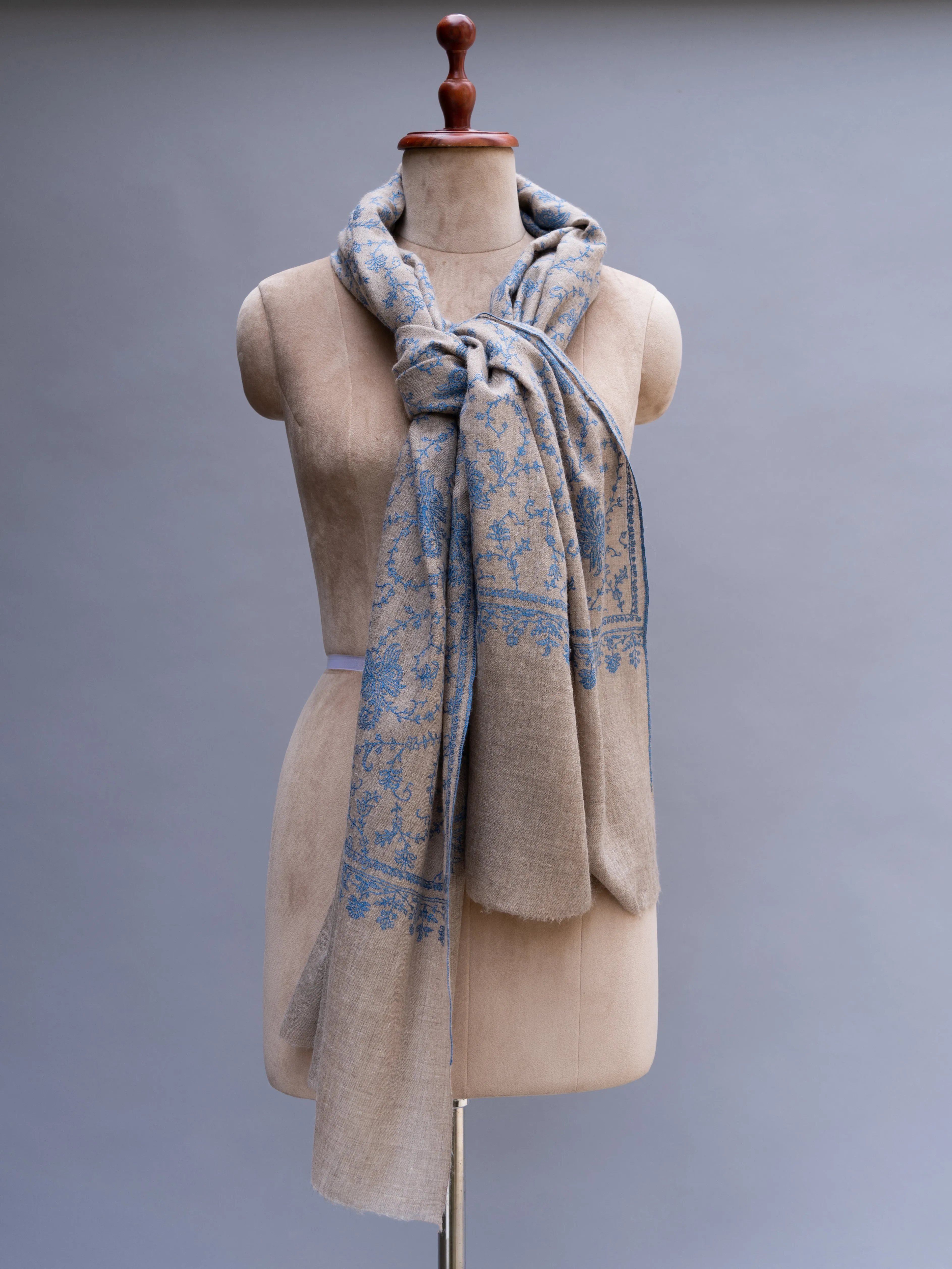 Grey Cashmere Wrap with Blue Embroidery