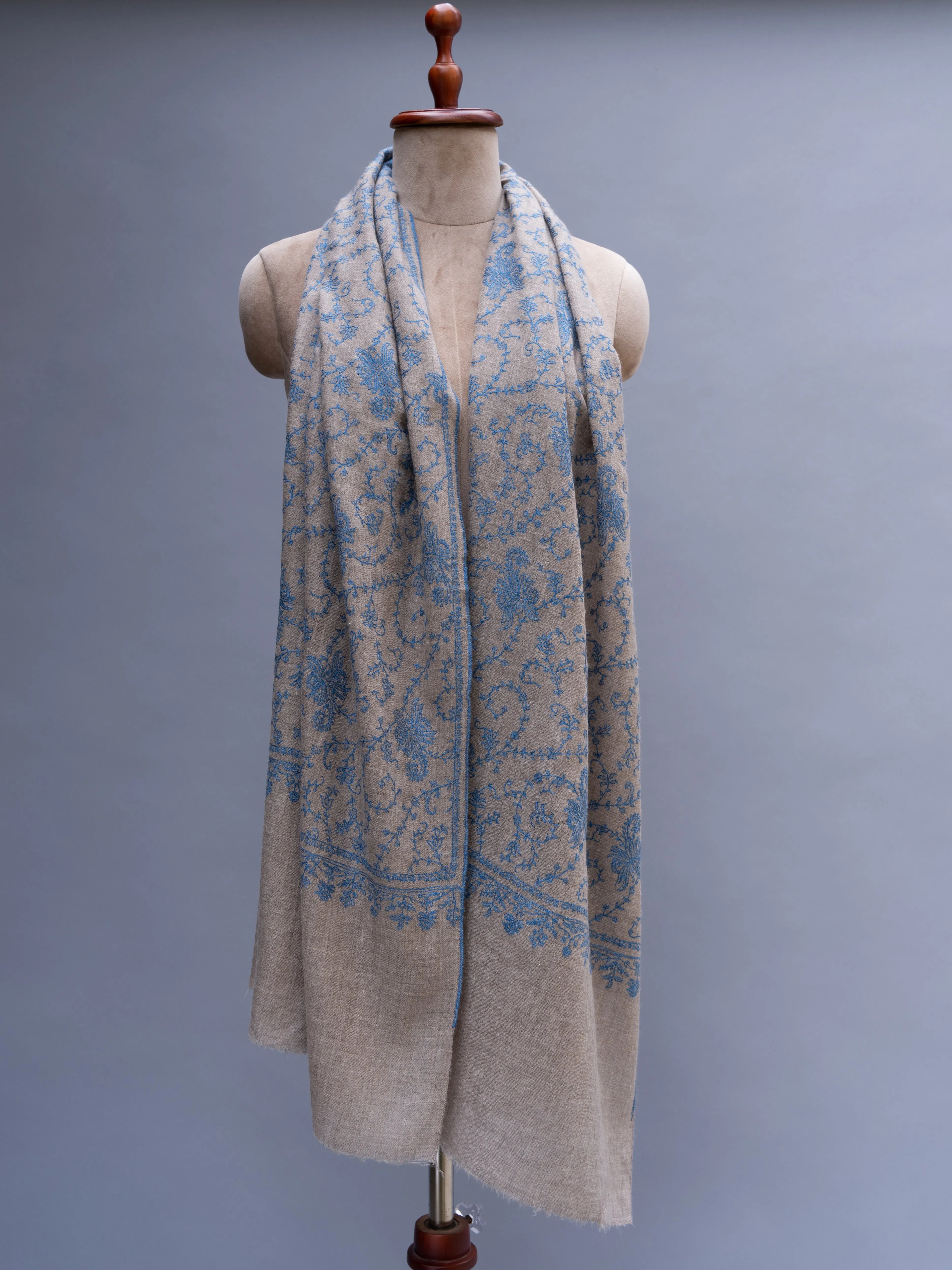 Grey Cashmere Wrap with Blue Embroidery