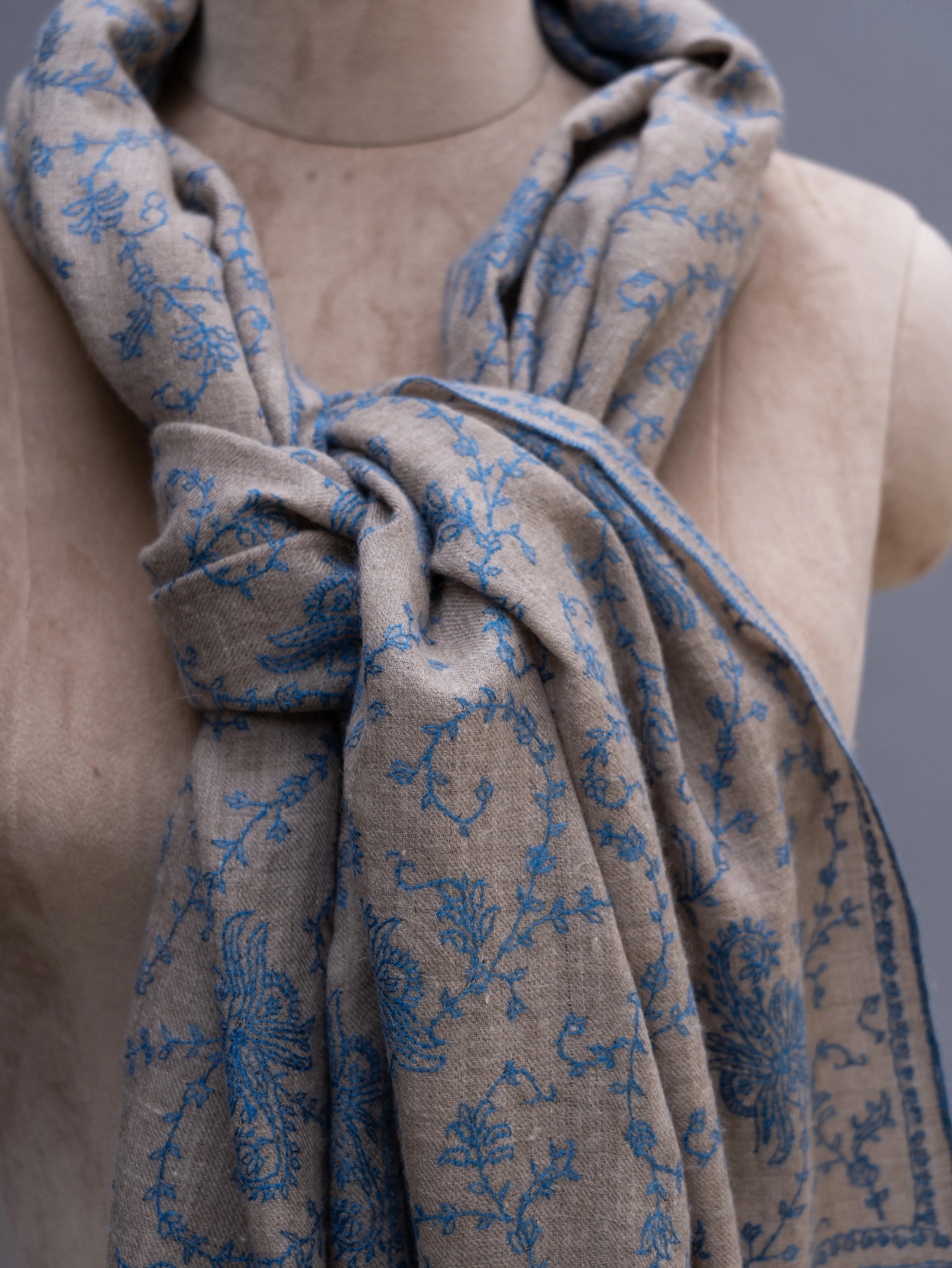 Grey Cashmere Wrap with Blue Embroidery