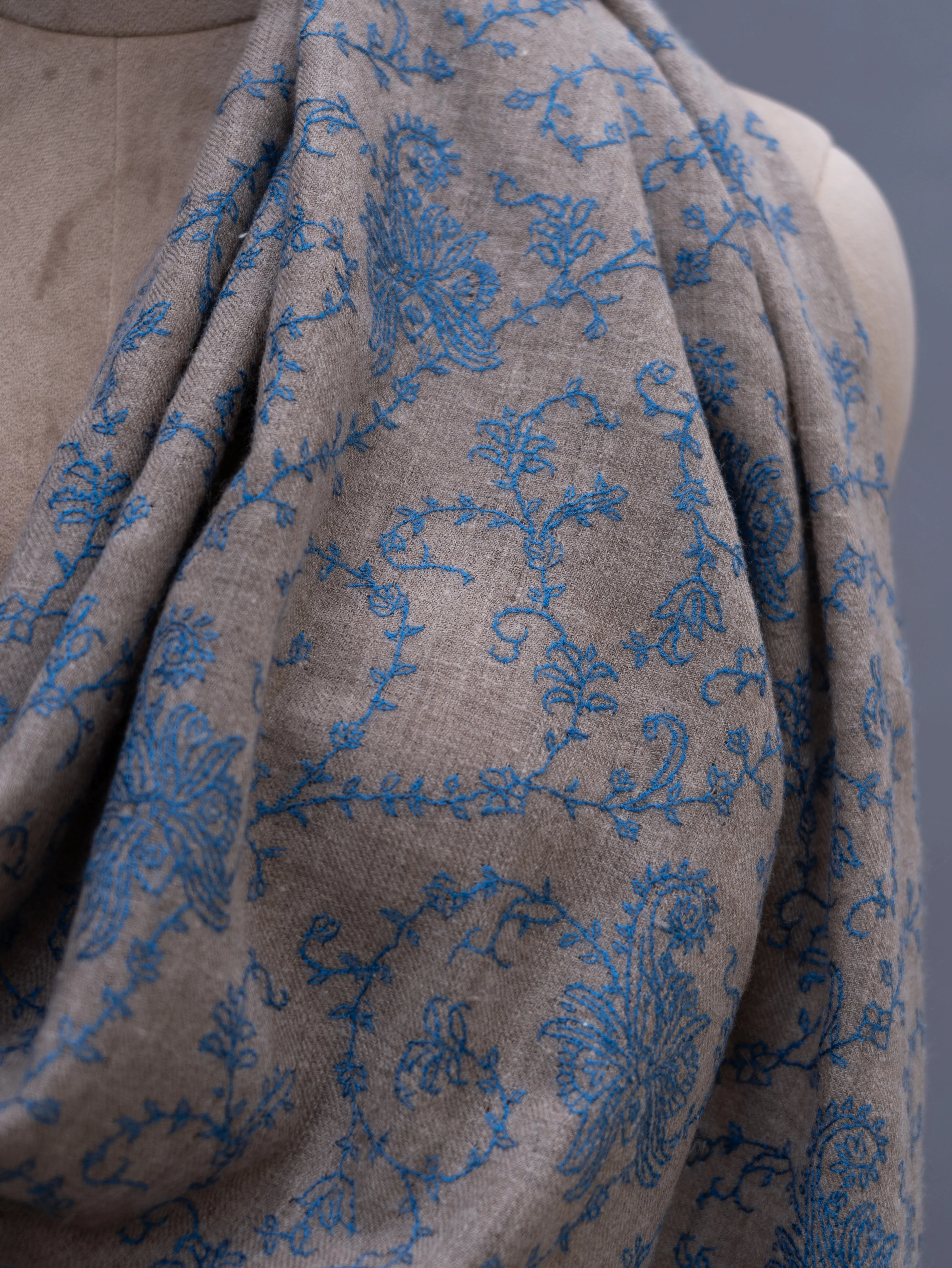 Grey Cashmere Wrap with Blue Embroidery