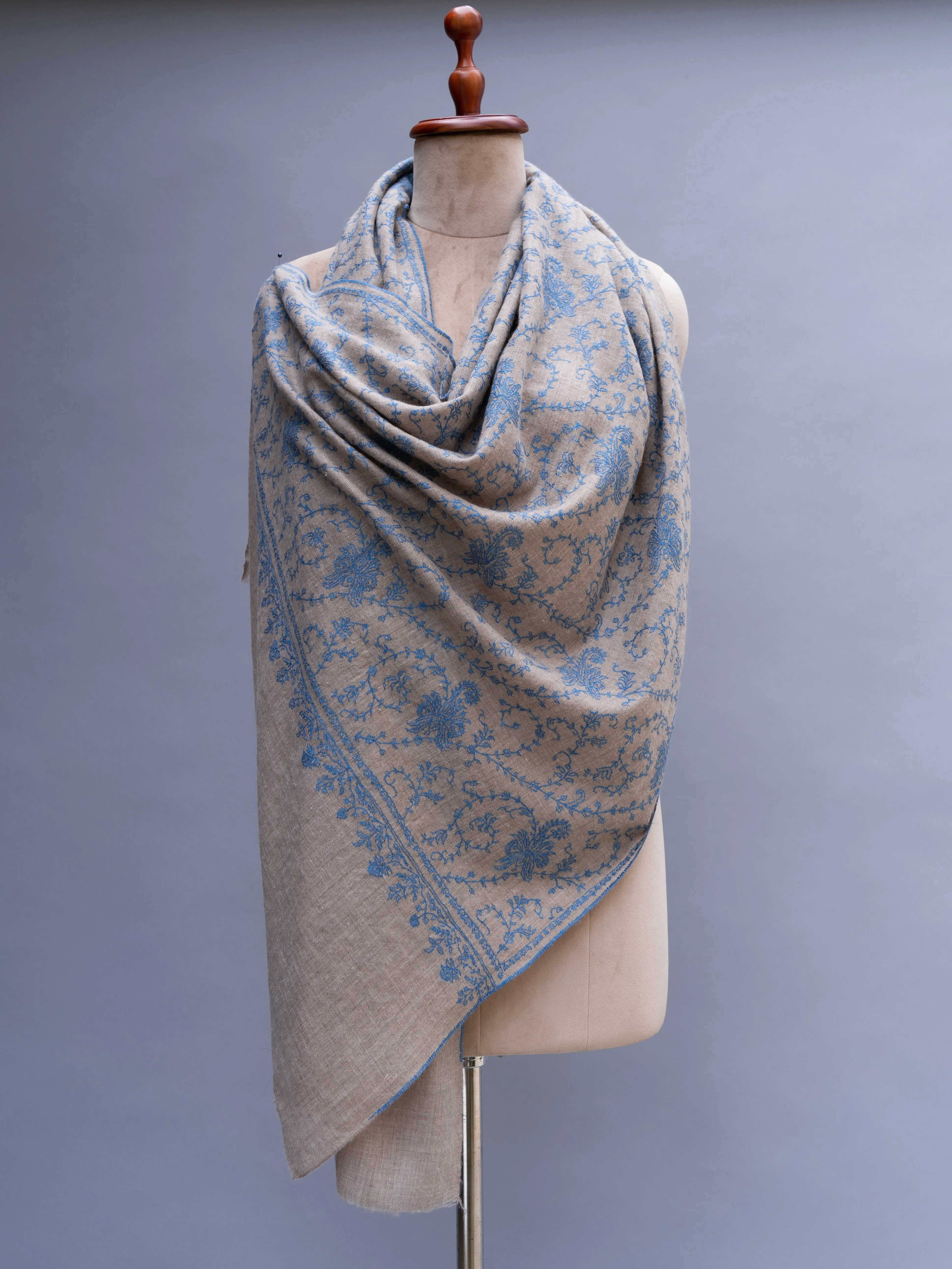 Grey Cashmere Wrap with Blue Embroidery