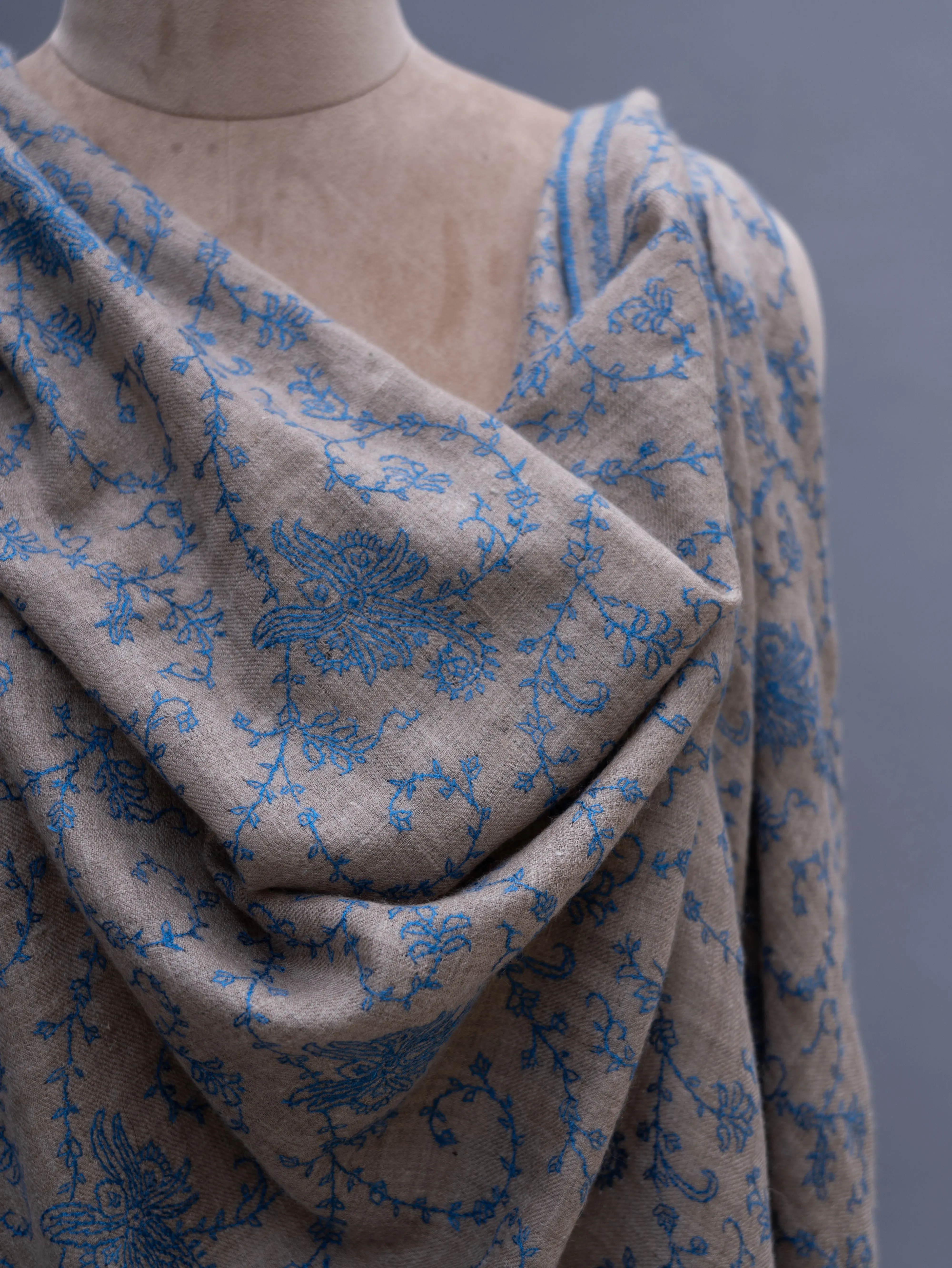 Grey Cashmere Wrap with Blue Embroidery