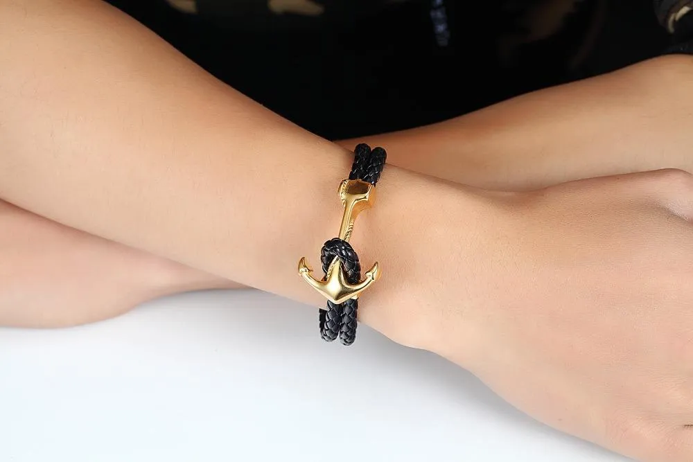 Handmade Braided Vintage Leather Gold Anchor Bracelet