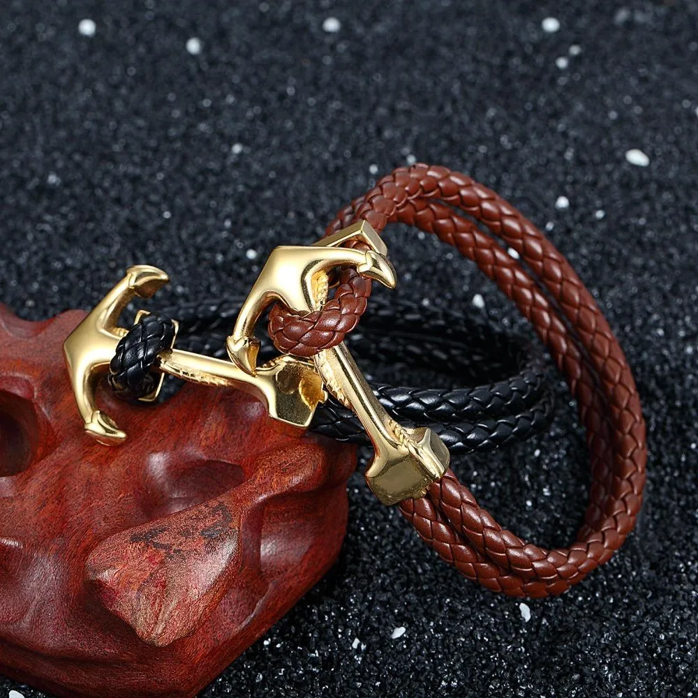 Handmade Braided Vintage Leather Gold Anchor Bracelet