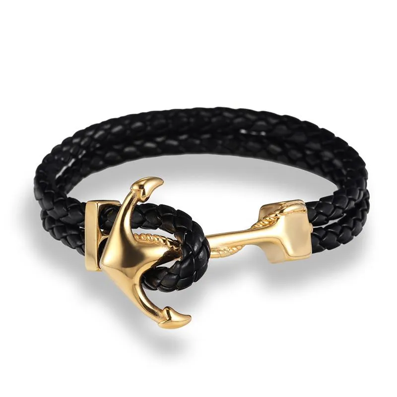 Handmade Braided Vintage Leather Gold Anchor Bracelet