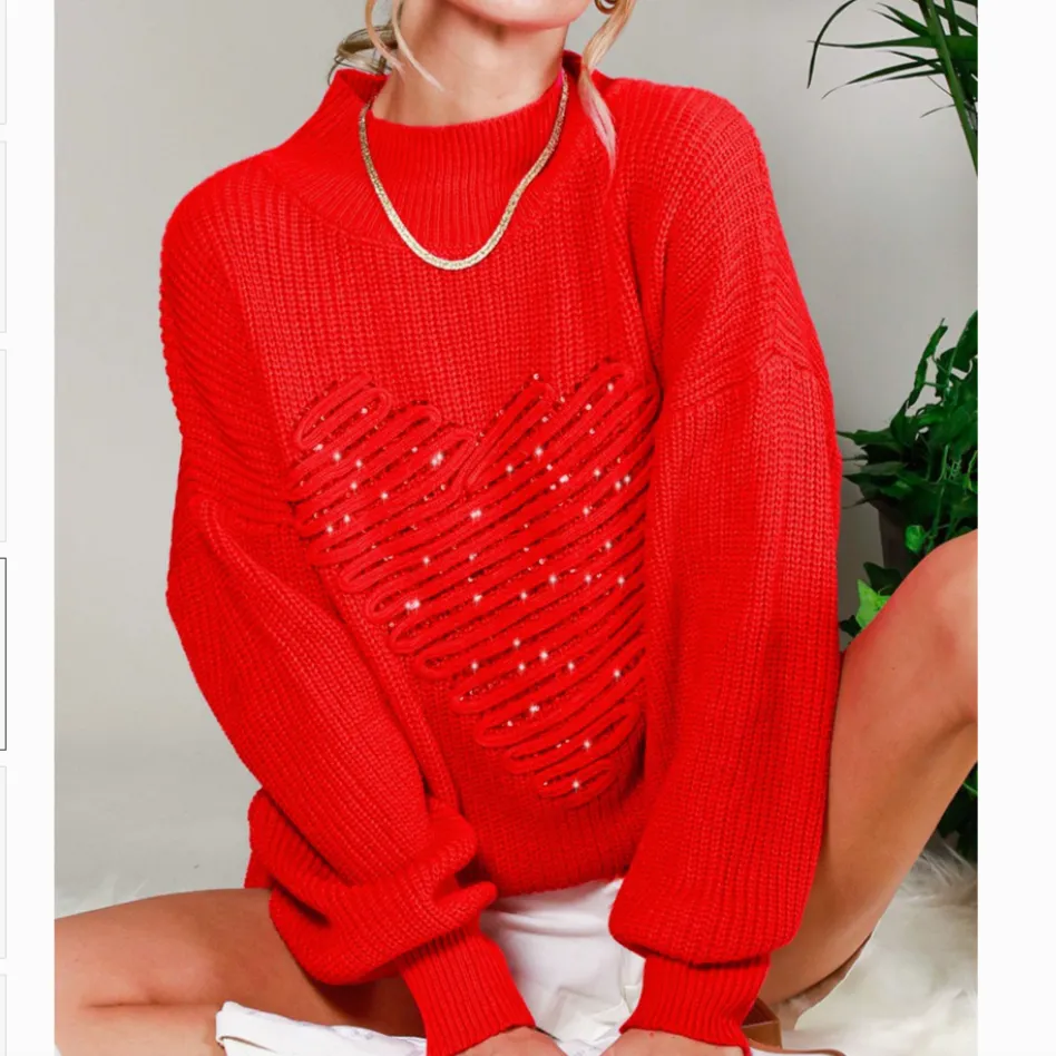 Heart Eyes Sequin Detail Heart Mock Neck Sweater