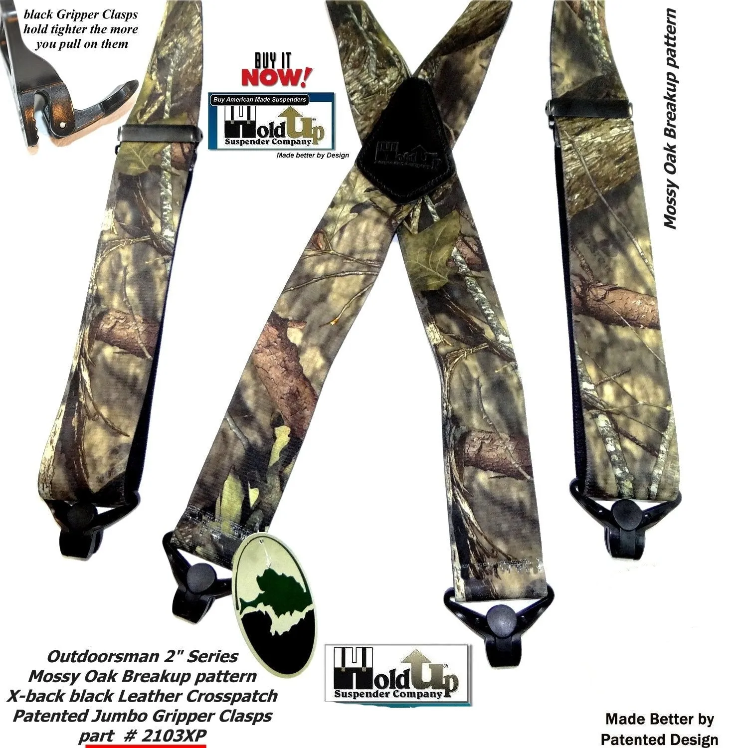 Holdup Suspender Company Mossy Oak Breakup Camoflage Pattern Suspenders in X-Back style and Patented Gripper Clasps