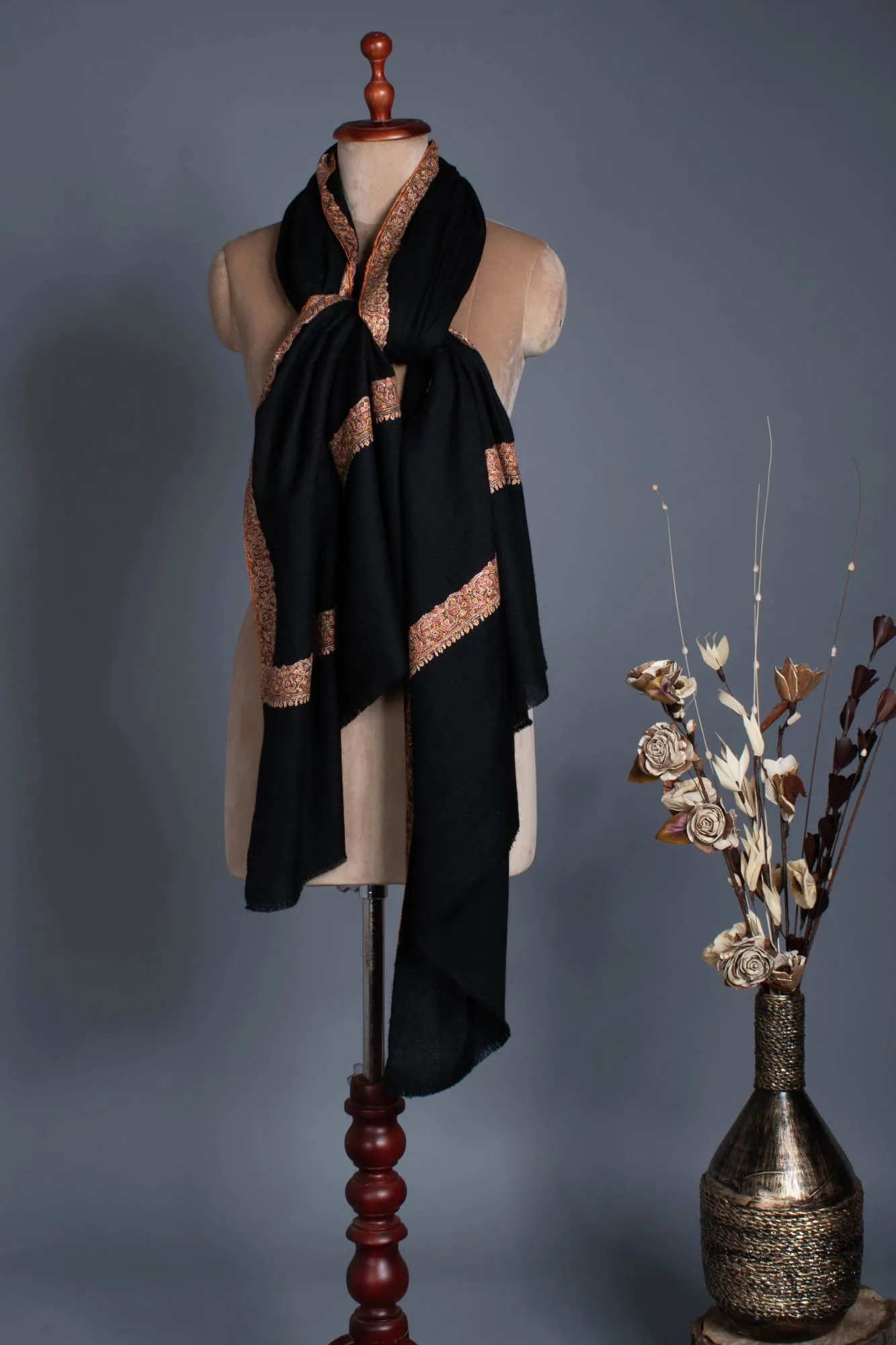 Jet Black Cashmere Pashmina Hand Embroidered Indian Wrap - BUCKS