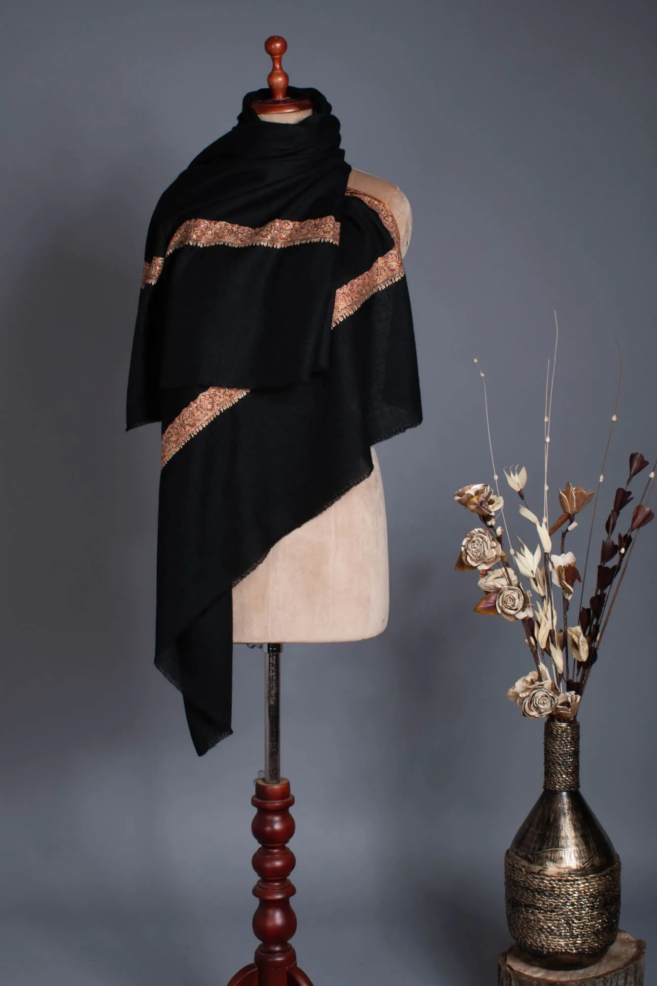 Jet Black Cashmere Pashmina Hand Embroidered Indian Wrap - BUCKS