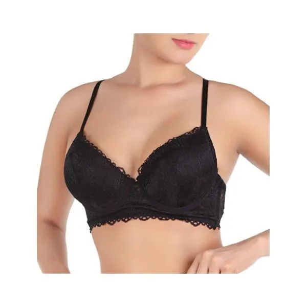 Lace & Mesh Push-up Bra With Garter Belt & Thong-black For Women