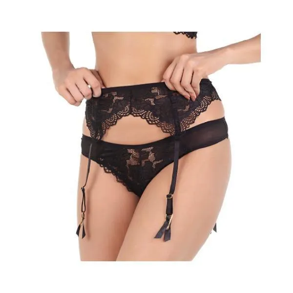 Lace & Mesh Push-up Bra With Garter Belt & Thong-black For Women