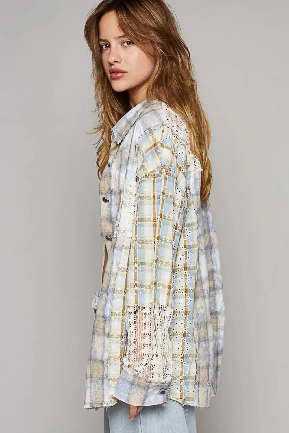 Long Sleeve Embroidered Crochet Plaid Shirt