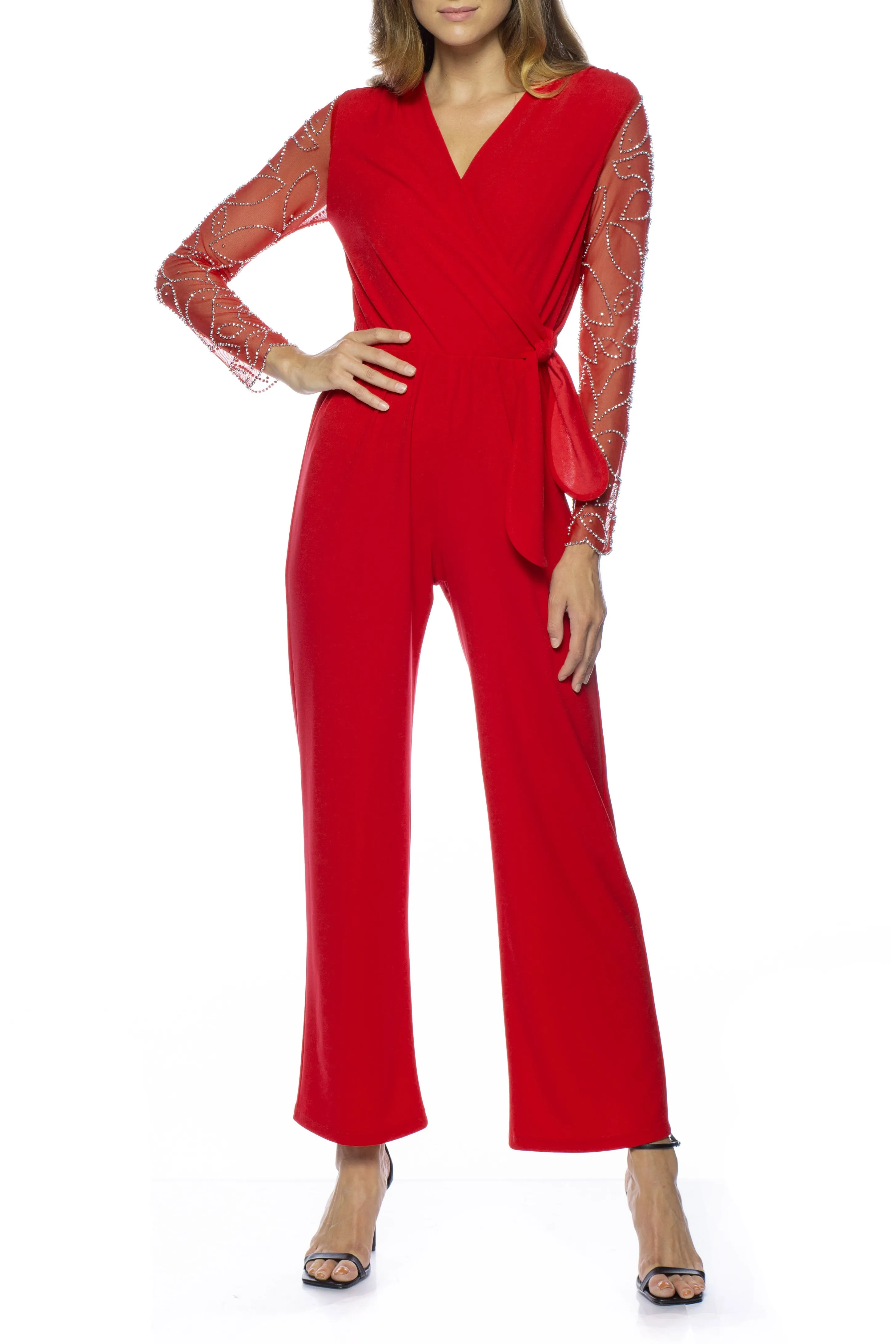 Marina V-Neck Embellished Long Sleeve Elastic Tie Waist Keyhole Back Solid Stretch Crepe Jumpsuit