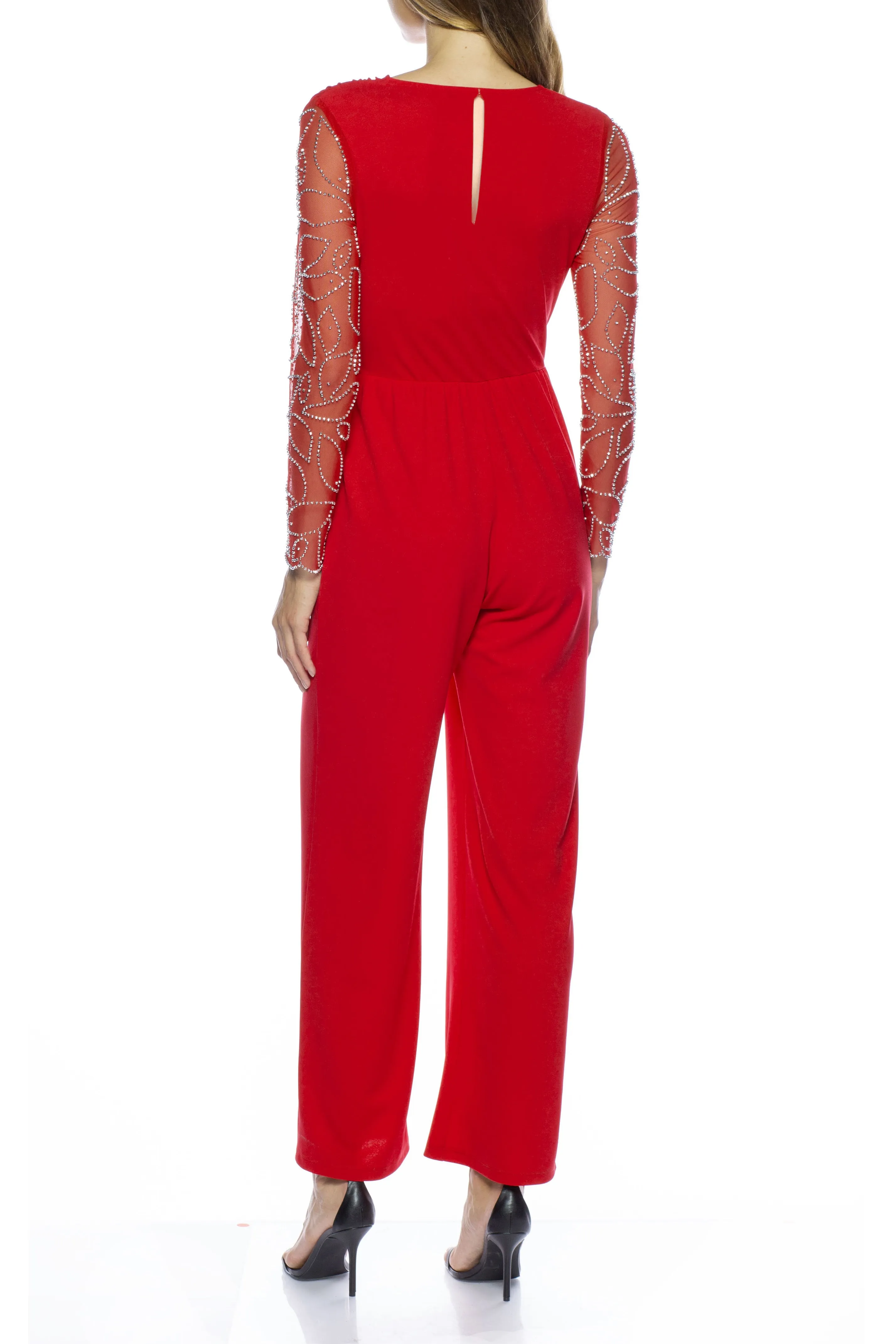 Marina V-Neck Embellished Long Sleeve Elastic Tie Waist Keyhole Back Solid Stretch Crepe Jumpsuit