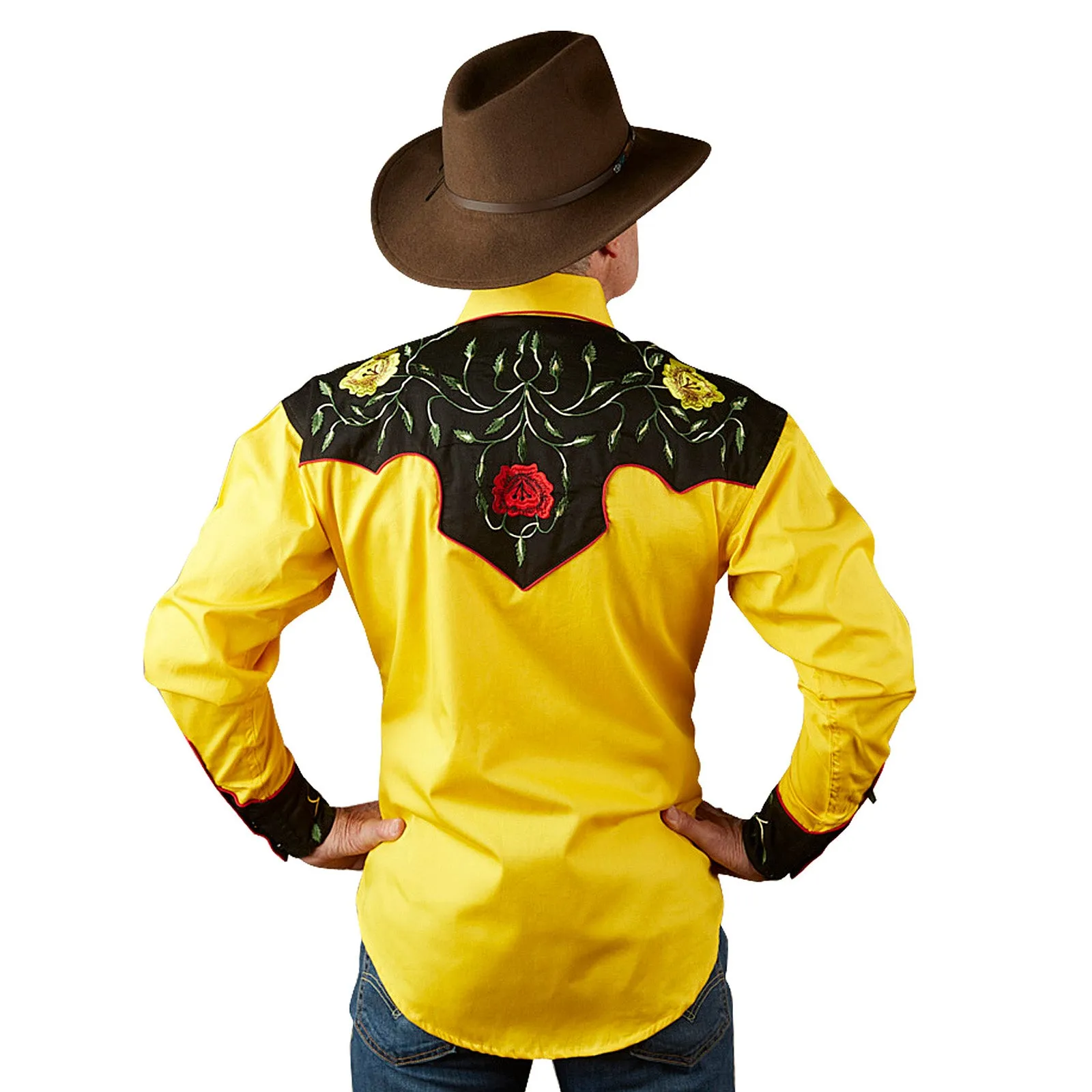 Men's 2-Tone Black & Gold Floral Embroidery Western Shirt