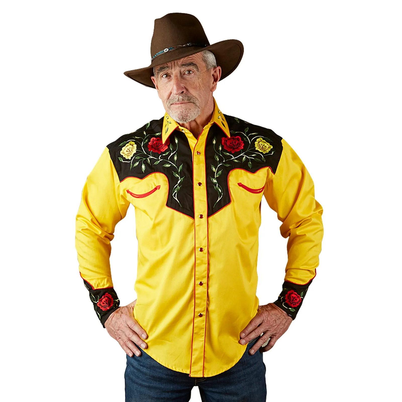 Men's 2-Tone Black & Gold Floral Embroidery Western Shirt