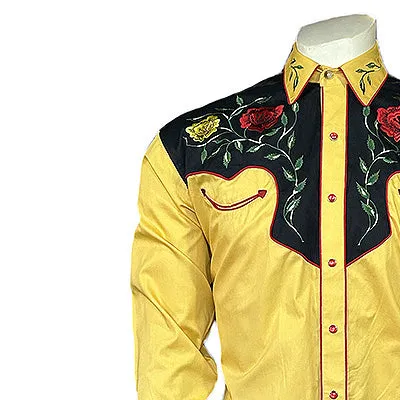 Men's 2-Tone Black & Gold Floral Embroidery Western Shirt