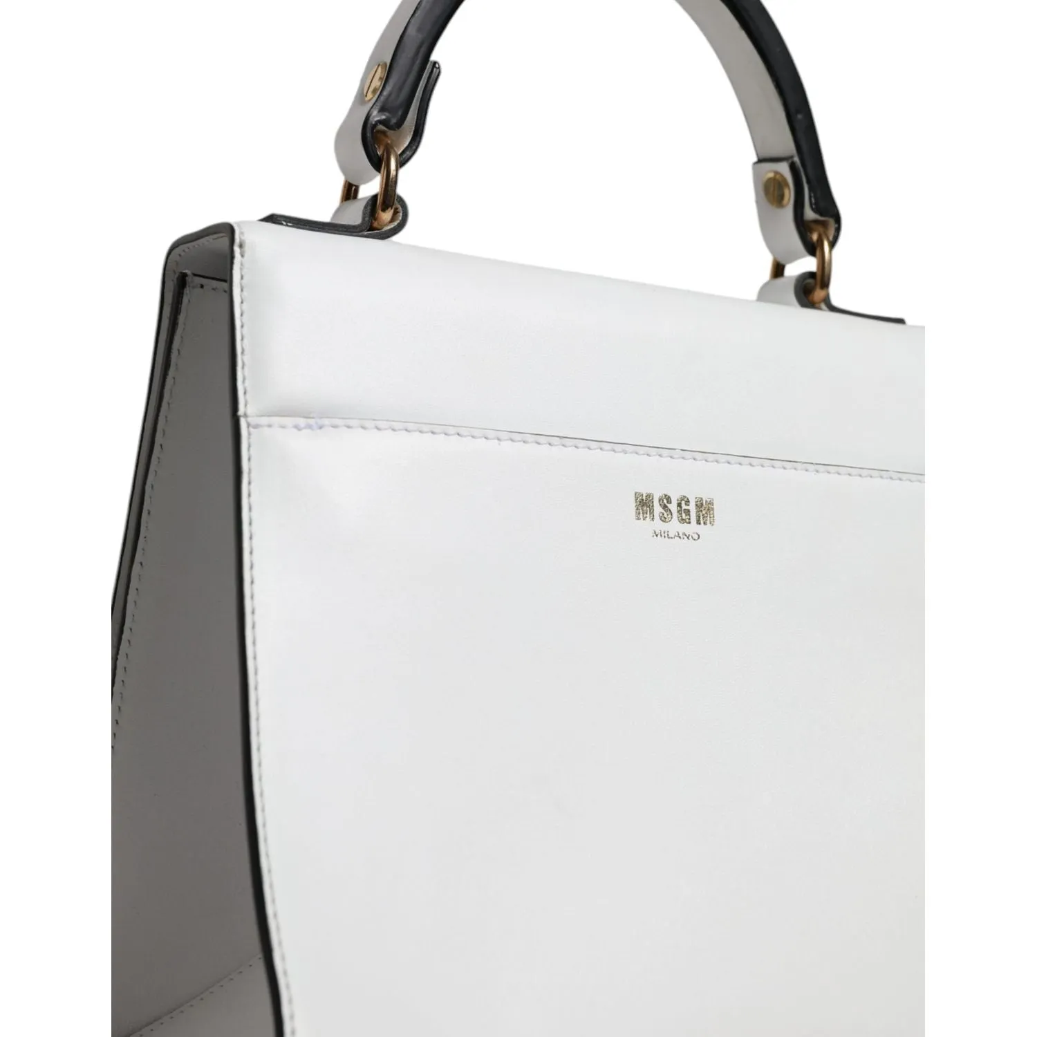 MSGM White Bovine Leather Top Handle Handbag Satchel Purse Bag