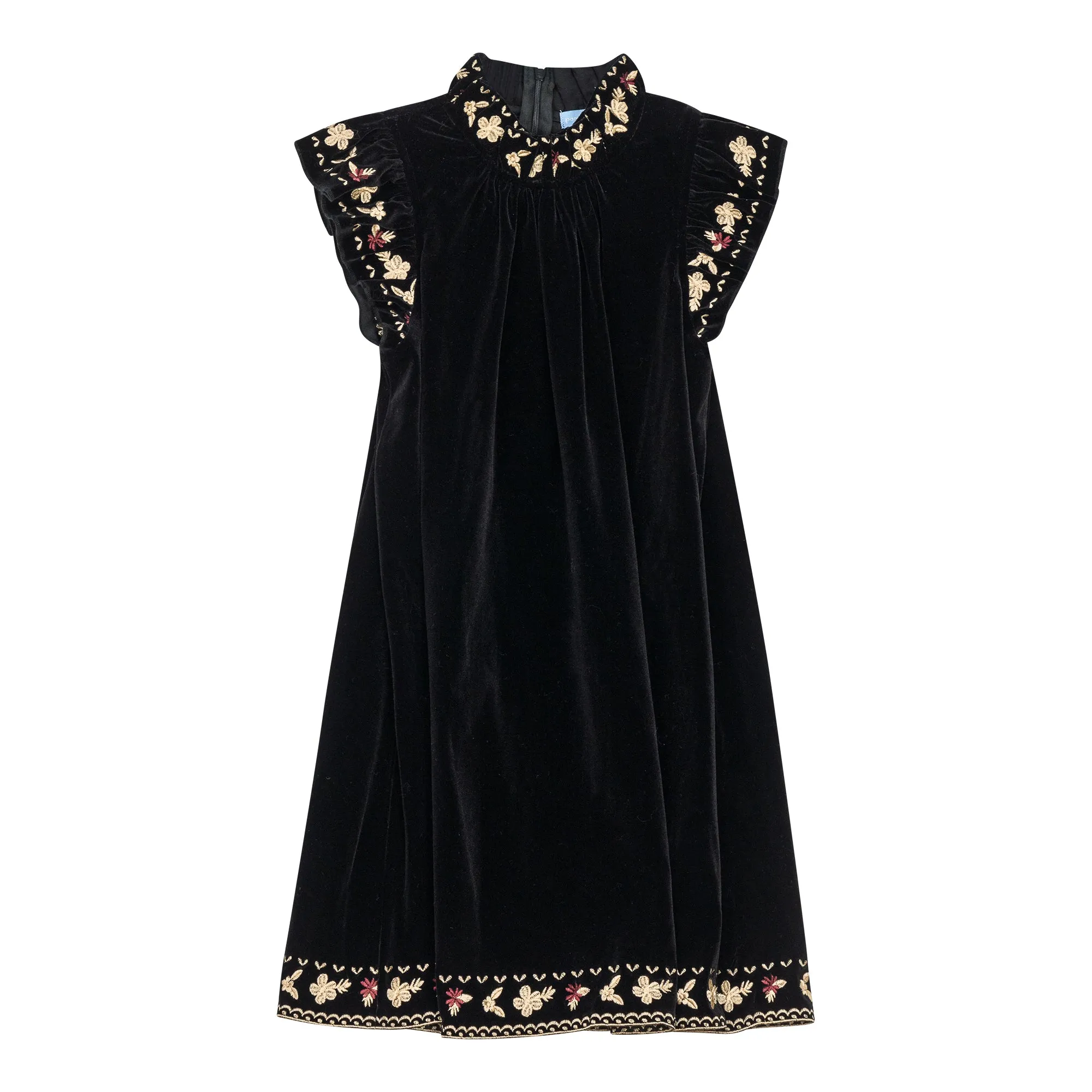 P4300-EMBROIDERED DETAIL VELVET DRESS-BLACK