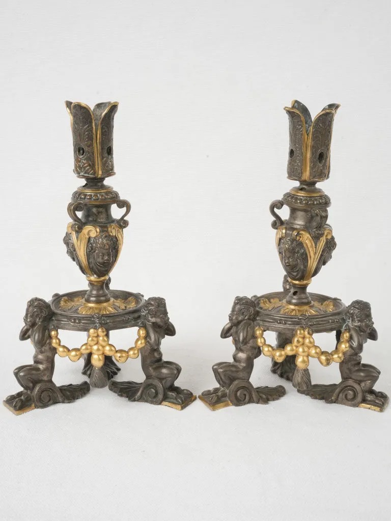 Pair of Antique French Gilt & Bronze Candelabra, Neo-Renaissance Style 8¾"