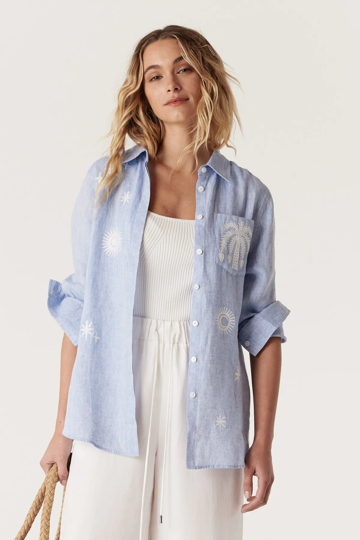 Palm Linen Embroidered Shirt - Blue Marle