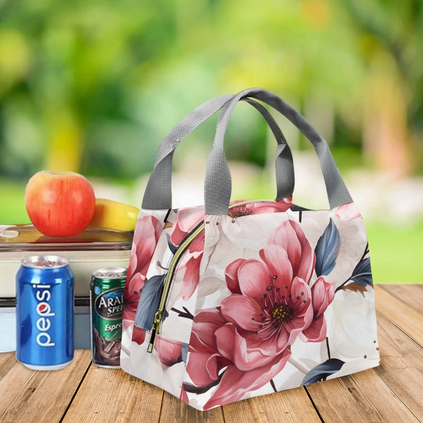 Pink Floral  Portable Lunch Bag-Grey Handle