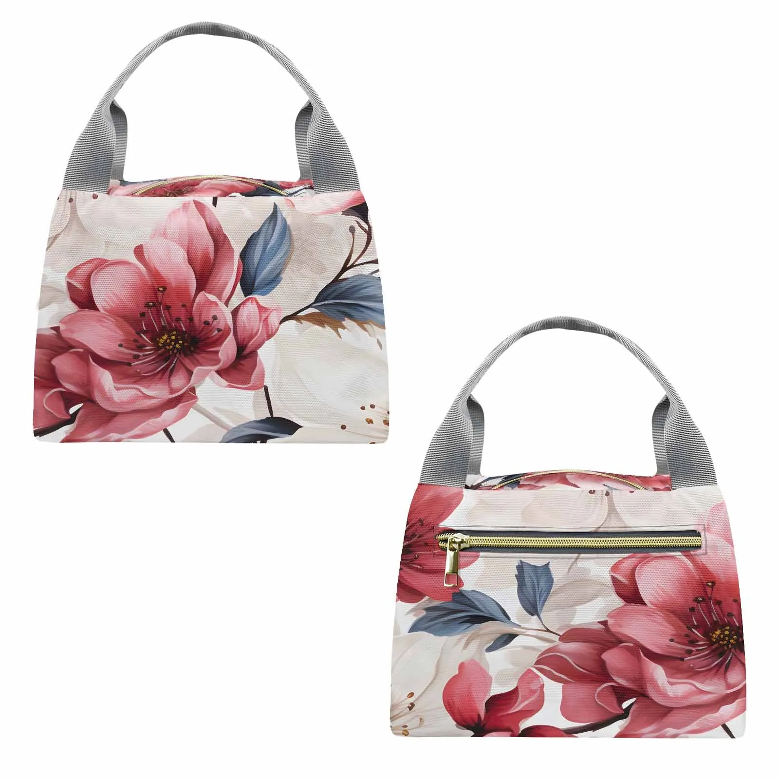 Pink Floral  Portable Lunch Bag-Grey Handle