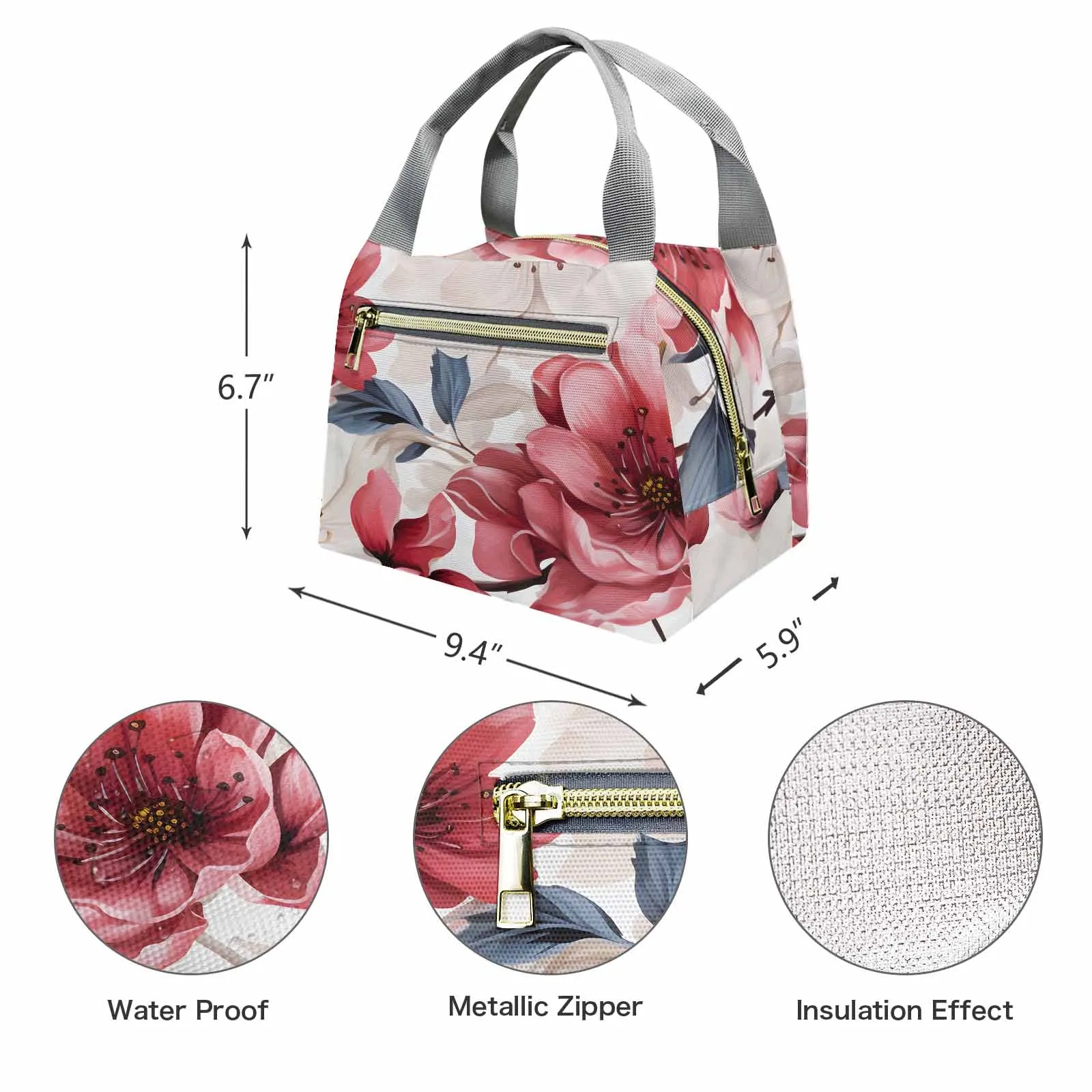 Pink Floral  Portable Lunch Bag-Grey Handle