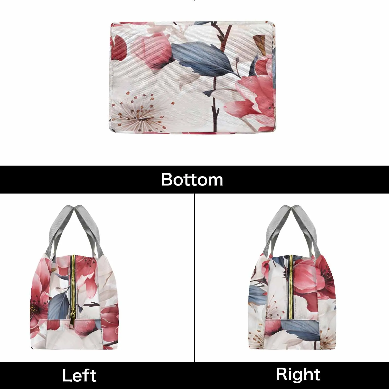 Pink Floral  Portable Lunch Bag-Grey Handle