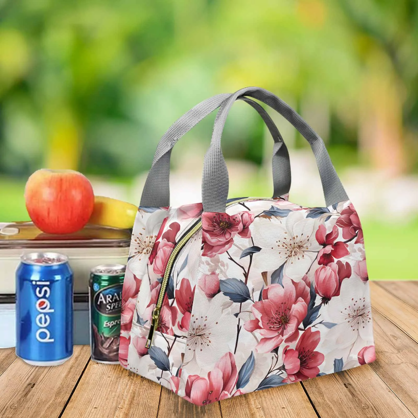 Pink Floral Small  Portable Lunch Bag-Grey Handle