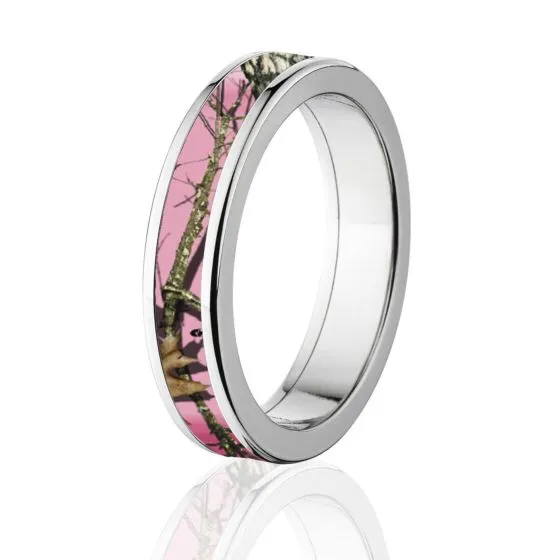 Pink Mossy Oak Camo RIng, Titanium Camo Bands, 5MM Comfort Fit