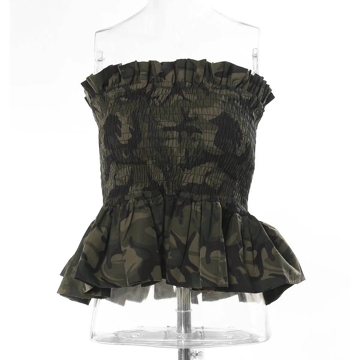 Pre Order:  Ruffled Camouflage Sleeveless Cropped Top